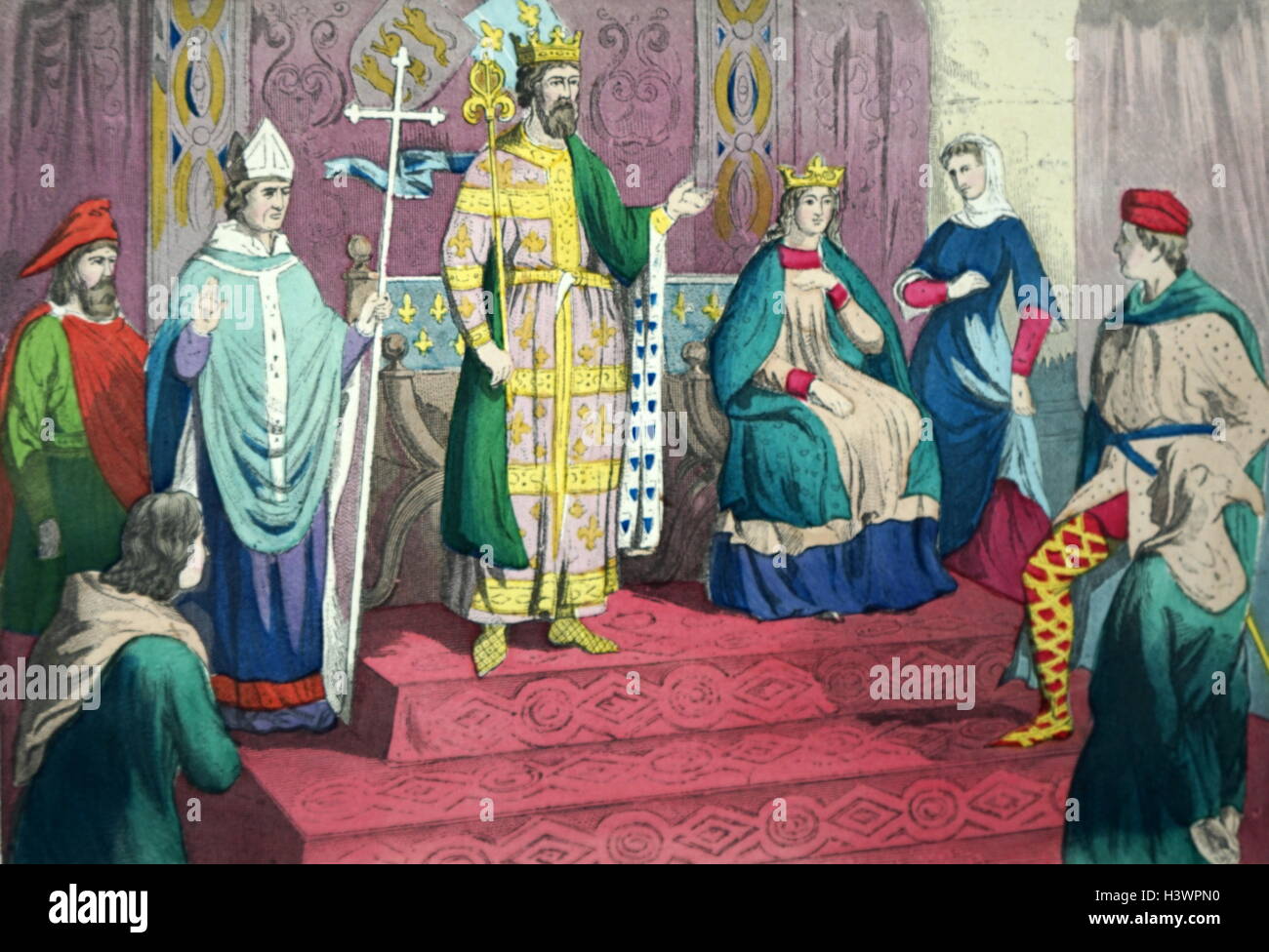 Farbe Abbildung: Darstellung von Kostümen aus dem 13. Jahrhundert in England, darunter: ein Gentleman, Arzt, Bischof, König, Dame, Dame, Edelmann, und rustikal. Vom 13. Jahrhundert Stockfoto