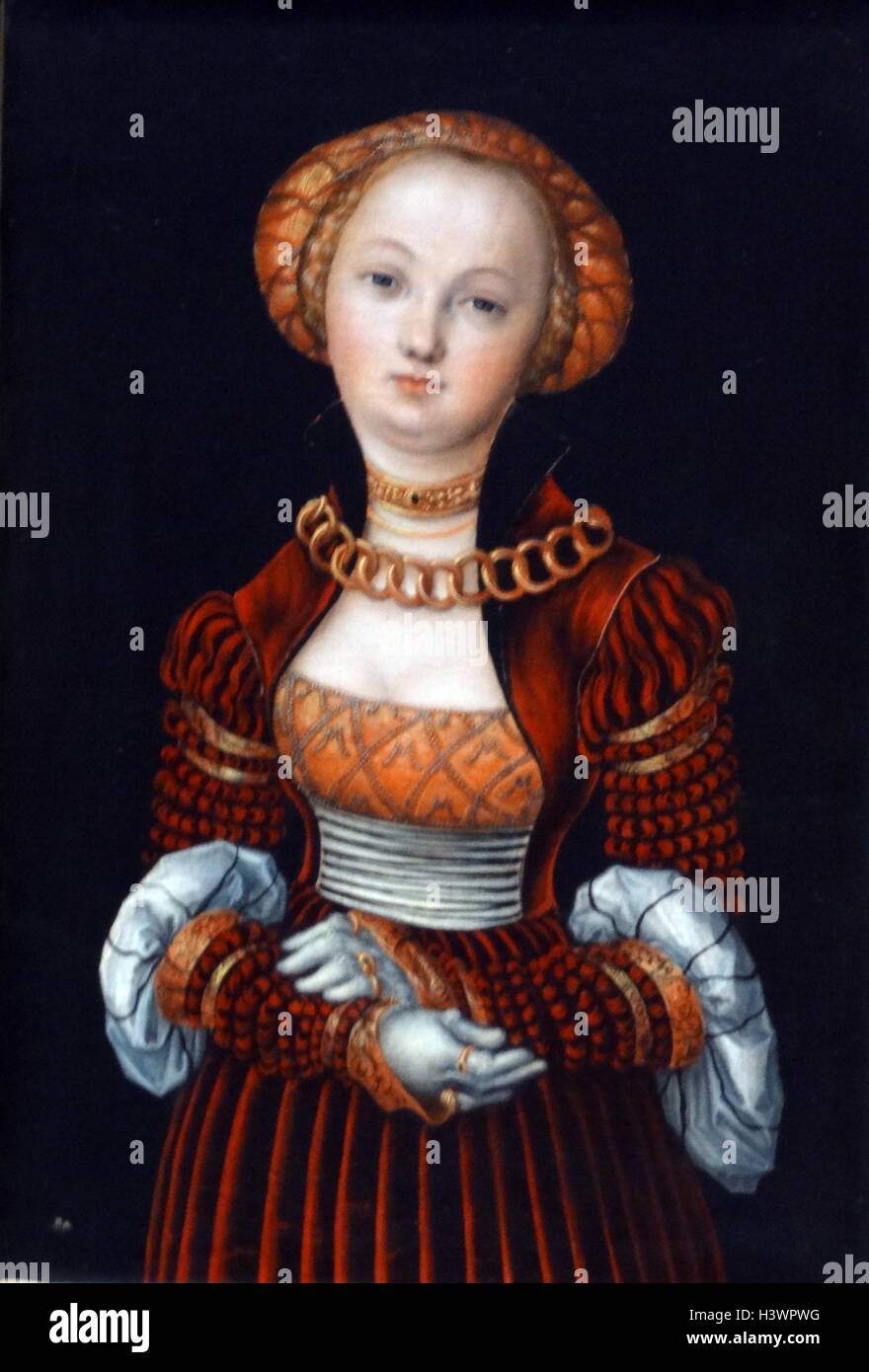 Gemälde mit dem Titel "Porträt einer Frau" von Lucas Cranach dem Älteren (1472-1553) ein deutscher Renaissance Maler und Grafiker. Vom 16. Jahrhundert Stockfoto Gemälde mit dem Titel "Porträt einer Frau" von Lucas Cranach dem Älteren (1472-1553) ein deutscher Renaissance Maler und Grafiker. Vom 16. Jahrhundert Stockfoto