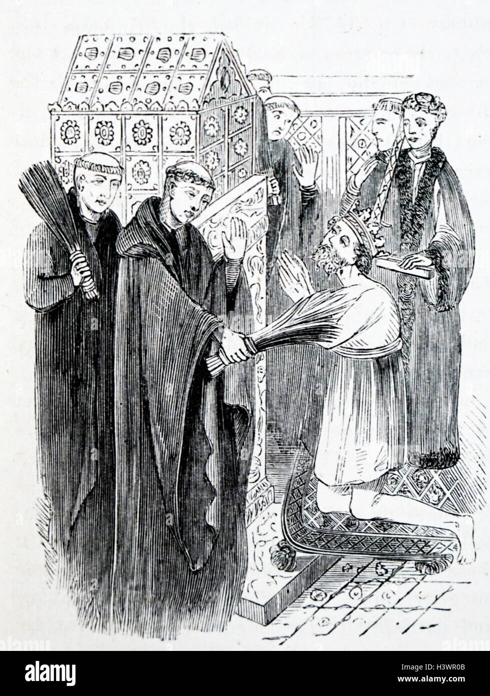 Gravur Darstellung der Buße von König Henry II am Schrein des Heiligen Thomas Becket (1118-1170). Vom 12. Jahrhundert Stockfoto