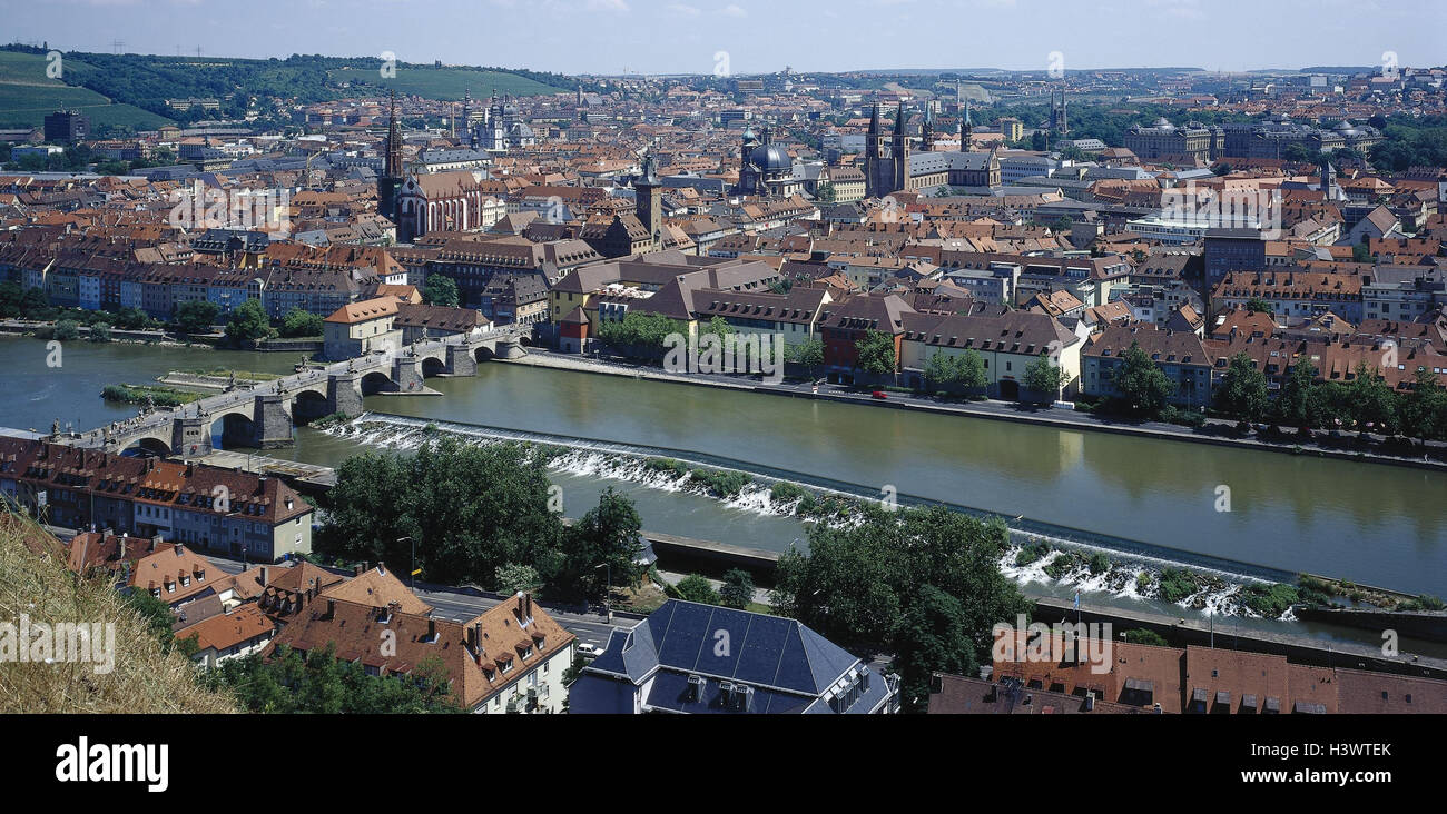 Deutschland, Franken, Würzburg, Stadtübersicht, Main, Europa, Bayern, Unterfranken, Stadt, Stadt-Panorama, Überblick, Fluss, alte Mainbrücke, Straße der Kaiser und Könige Stockfoto