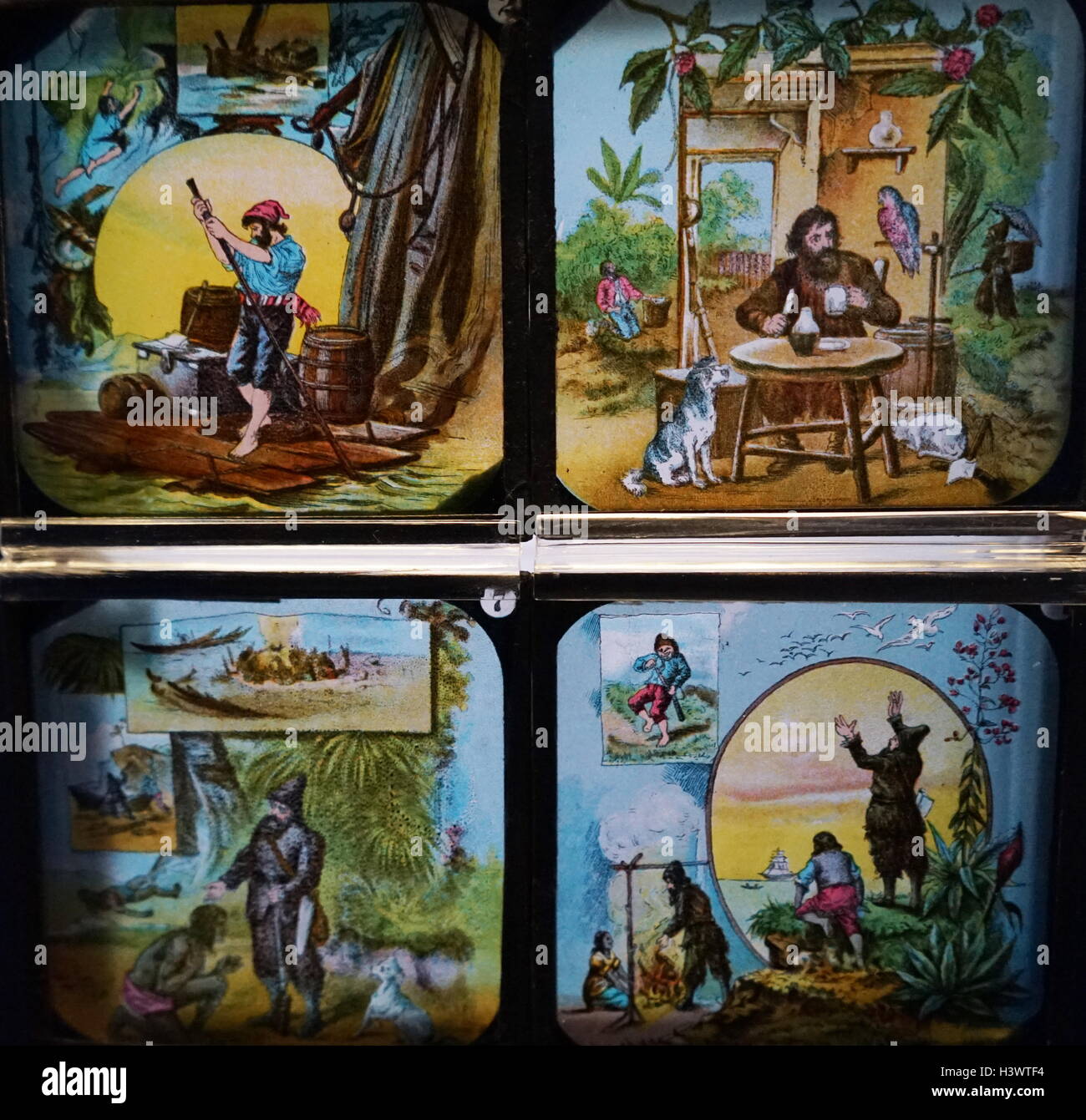 Laterne Rutsche, eine montiert fotografische Transparenz für Projektion durch eine magische Laterne, Darstellung einer Szene aus "Robinson Crusoe" von Daniel Defoe (1660-1731) eine Englische Händler, Schriftsteller, Journalist, pamphleteer, und Spion. Vom 19. Jahrhundert. Stockfoto