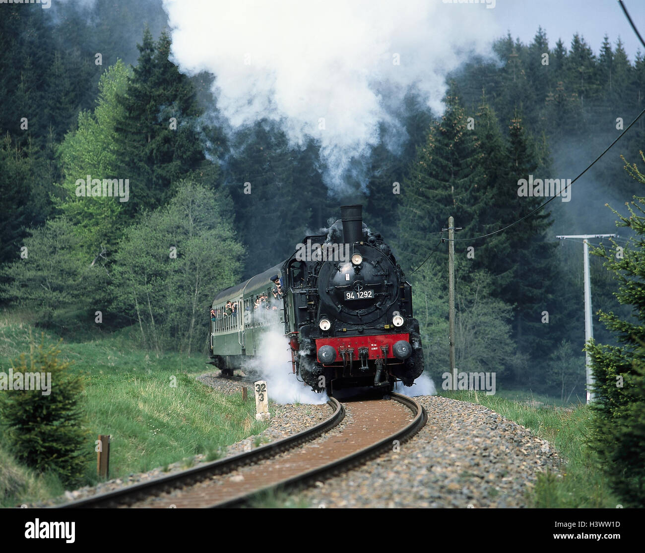 Deutschland, Rennen eng Teig, Bahn, Dampflok, nostalgisch, Europa, Sachsen, Nähe Neustadt mit Rennsport-Teig, Zug, Eisenbahn, Museum Flugbahn, Nostalgie, Reise, dichten Rauch, Rauch, Passagiere, Windows Stockfoto