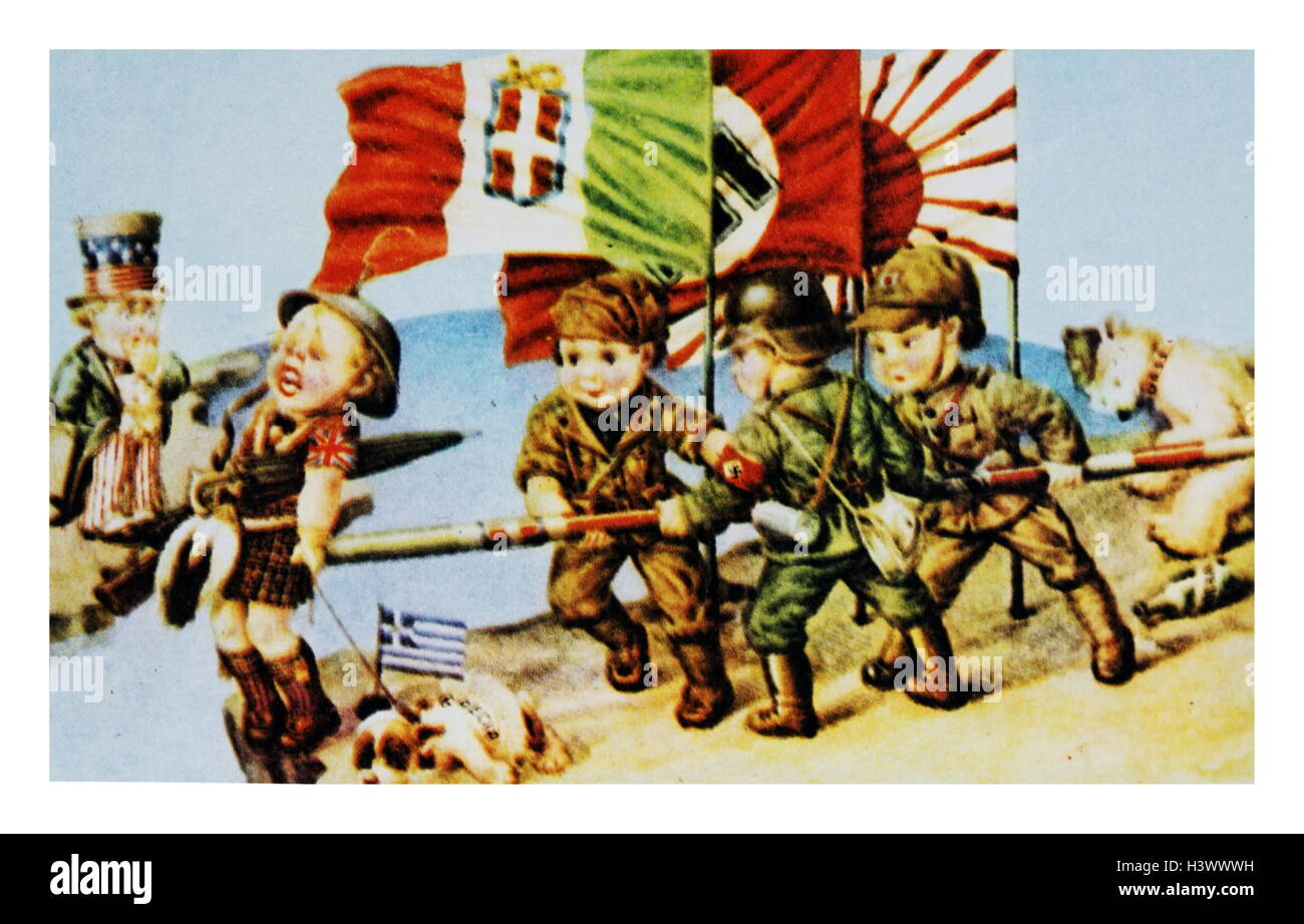 Propaganda Postkarte zeigt die Flaggen von Nazideutschland, faschistisches Italien und imperiales Japan. Vom 20. Jahrhundert Stockfoto