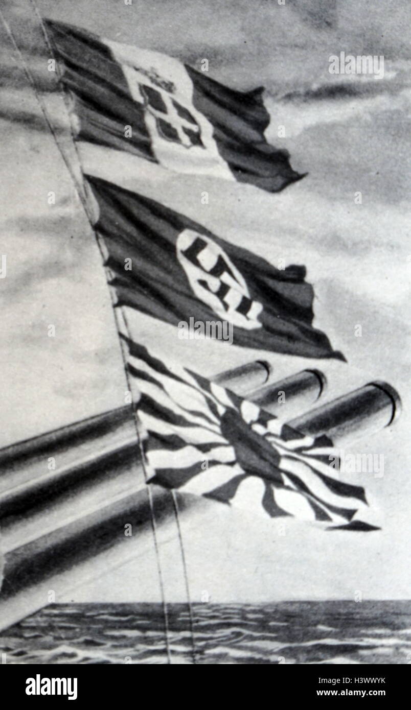 Propaganda Postkarte zeigt die Flaggen von Nazideutschland, faschistisches Italien und imperiales Japan. Vom 20. Jahrhundert Stockfoto
