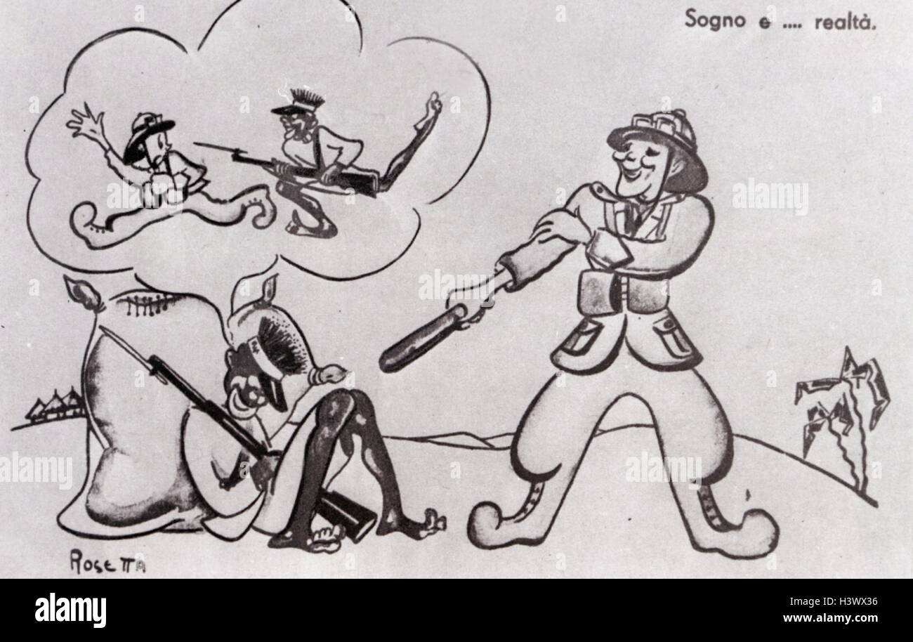Italienische faschistische Propaganda, die Darstellung eines italienischen Soldaten zu einen äthiopischen Soldaten während der abessinischen Krieg 1936 zu schlagen Stockfoto