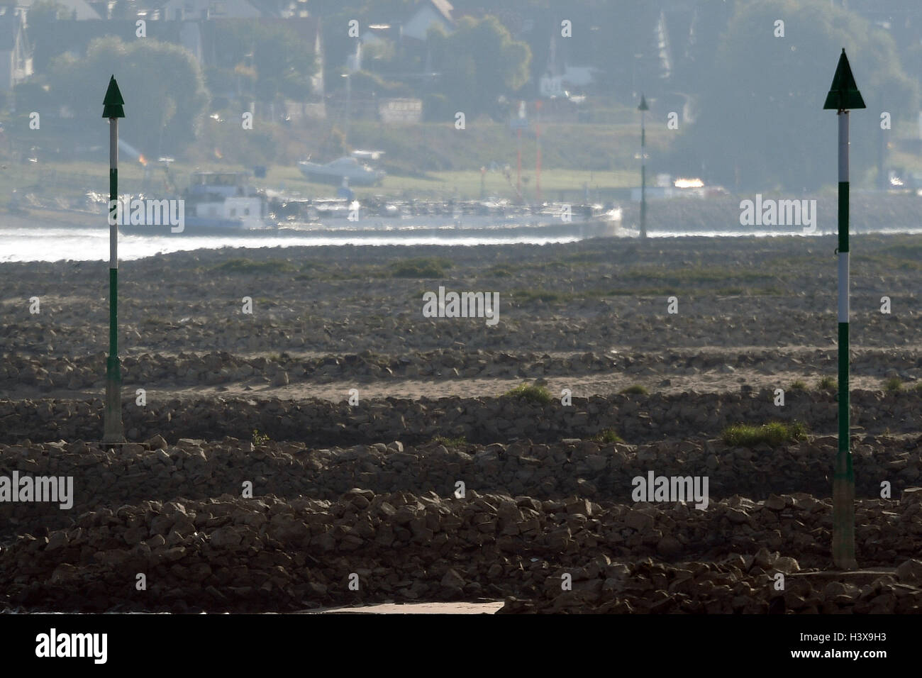 Neuss, Deutschland. 13. Oktober 2016. Ein Frachter fährt auf der Fahrerseite Rhein in der Nähe von Neuss, Deutschland, 13. Oktober 2016. Der Rhein ist derzeit bei einem schweren Ebbe. Das Niveau in Duisburg wurde gemessen, als 2,14 Meter am Donnerstag. Bei ca. 4,33 Meter wäre ein normales Niveau. Foto: FEDERICO GAMBARINI/Dpa/Alamy Live News Stockfoto