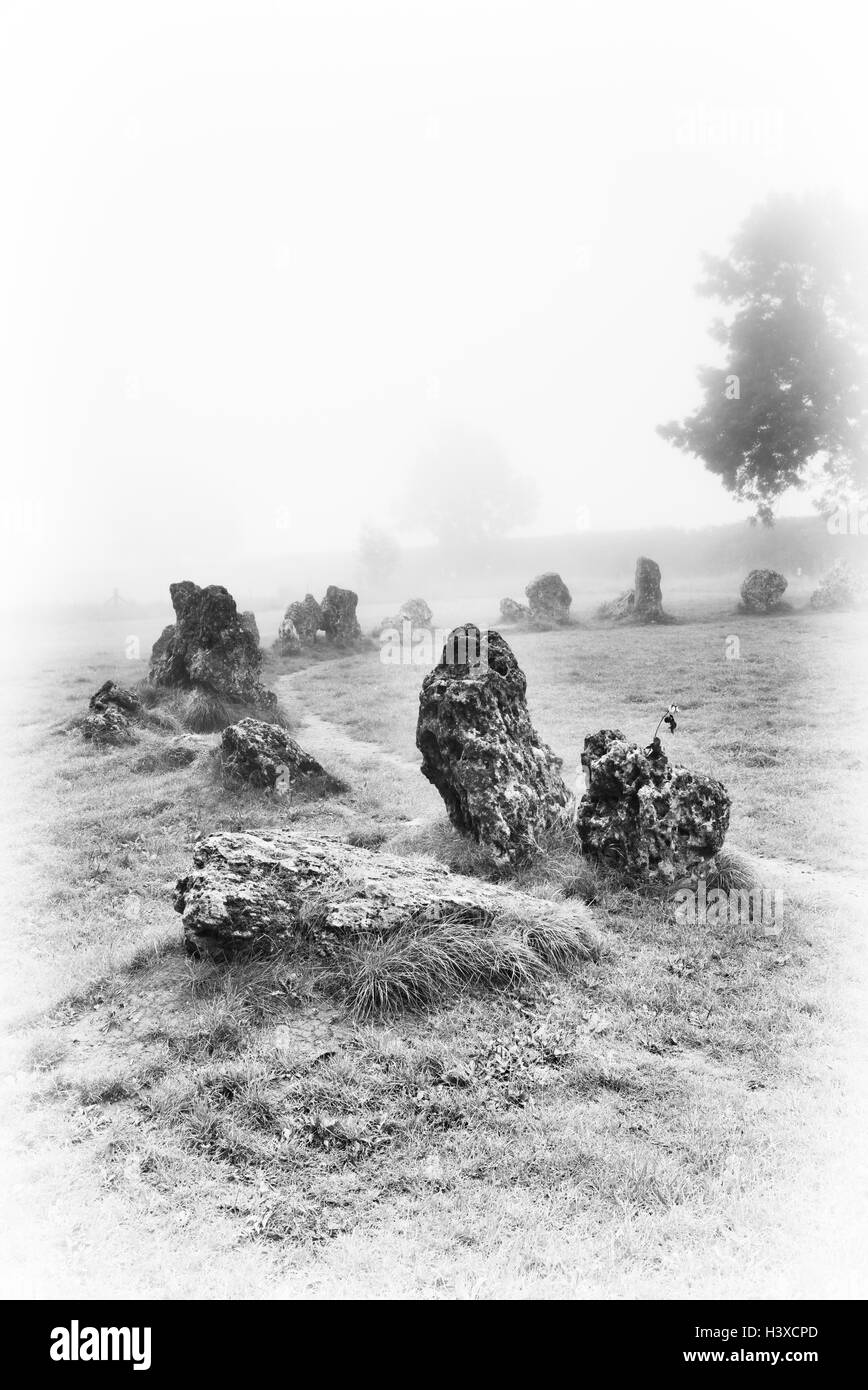 Die Rollright Stones im Nebel. Oxfordshire, England. Schwarz / weiß Stockfoto