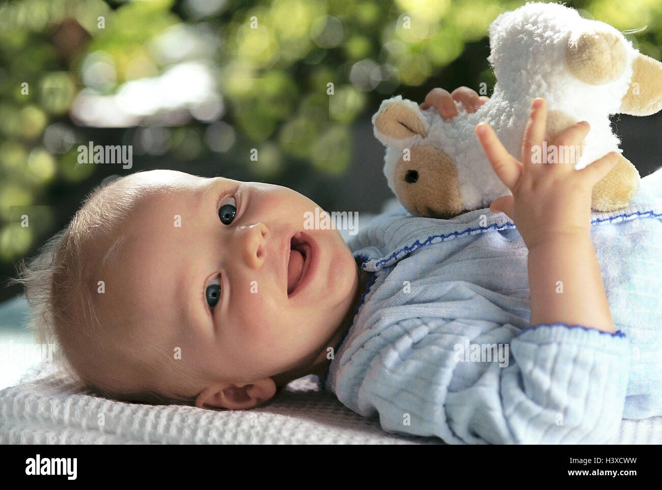 Baby, Lüge, glücklich, weiches Spielzeug, Detail, Kind, Baby, Spielzeug, Stofftier, Schafe, Halt, lachen, Spaß, Freude, innen Stockfoto