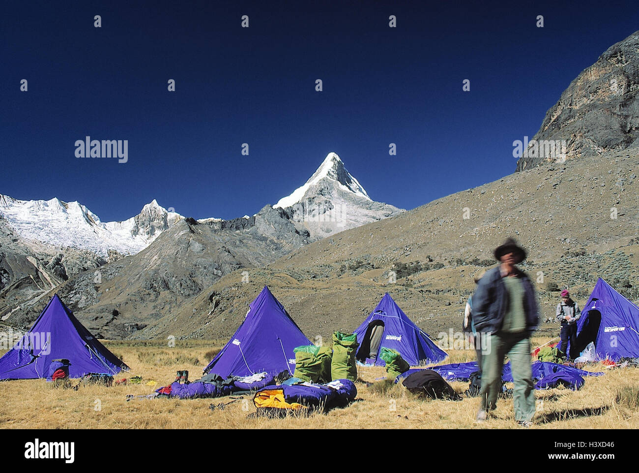 Peru, Alpamayo, Expedition, Basislager, Bergsteiger, Süd Amerika, Berglandschaft, Zelte, Zelt, Unterstützung Stockfoto