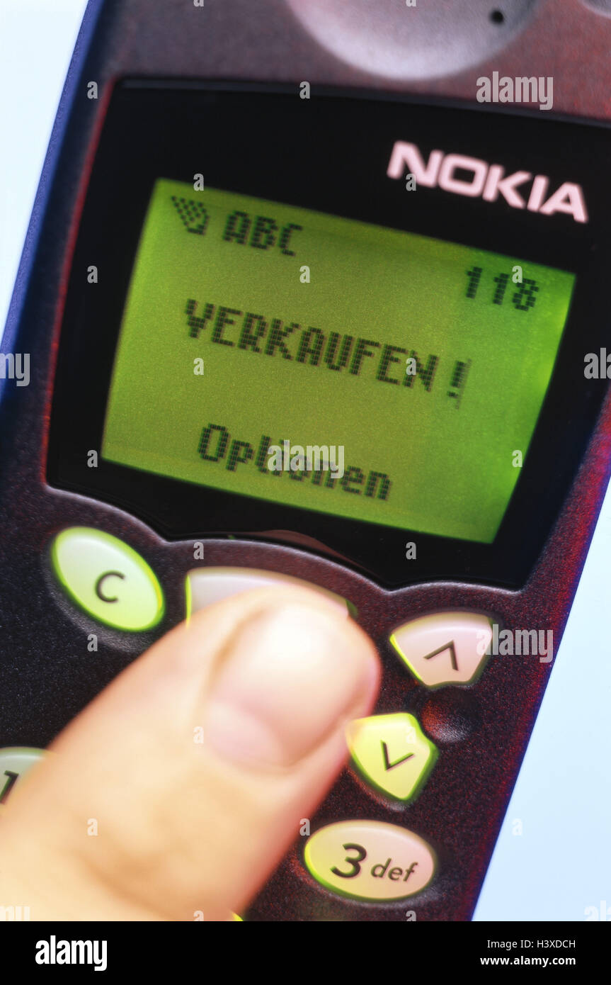 Hand, Finger, Handy, anzeigen, SMS, Nachricht, Nahaufnahme, Hand, Finger, Telefon, Handy, Funktelefon, Kommunikation, Ordnung, Kurznachricht, übertragen, empfangen, entfernte Anmeldung Setup, Börse, Shop, verkaufen, Option, Eingabe, Stockfoto