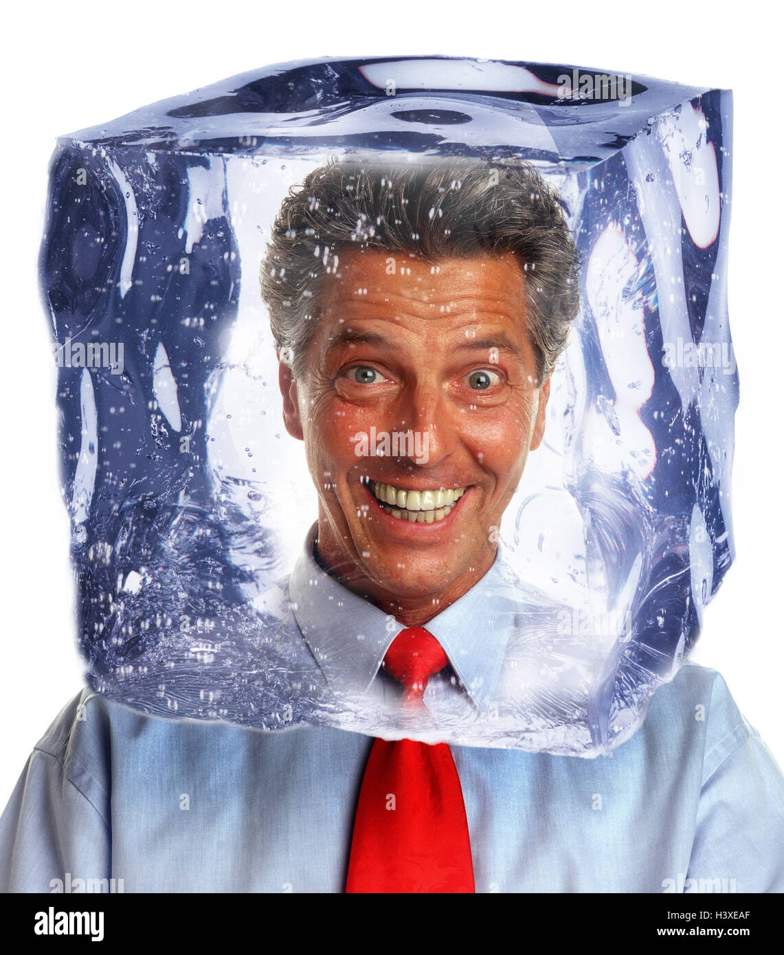 Mann, Lächeln, Kopf, 'iceboundly', Blockeis, Porträt, Konzepte, gefangen, Eiswürfel, kalt, eisig, zufriert, "auf Eis", "kühlen Kopf", Cool, lachen, Composing, Studio, Stockfoto