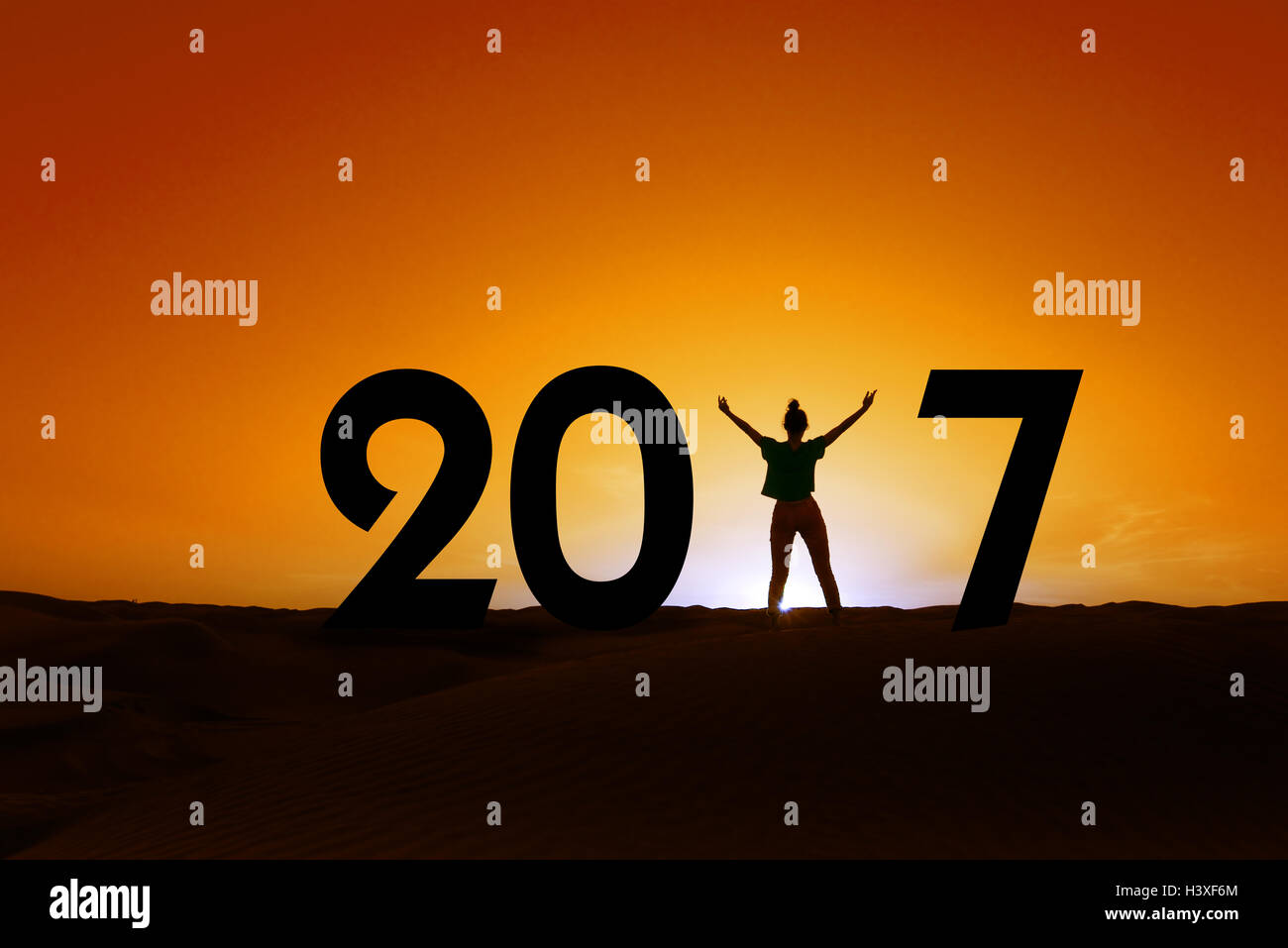 2017, Silhouette einer Frau in den Sonnenuntergang, Neujahr 2017 Konzept stehen Stockfoto