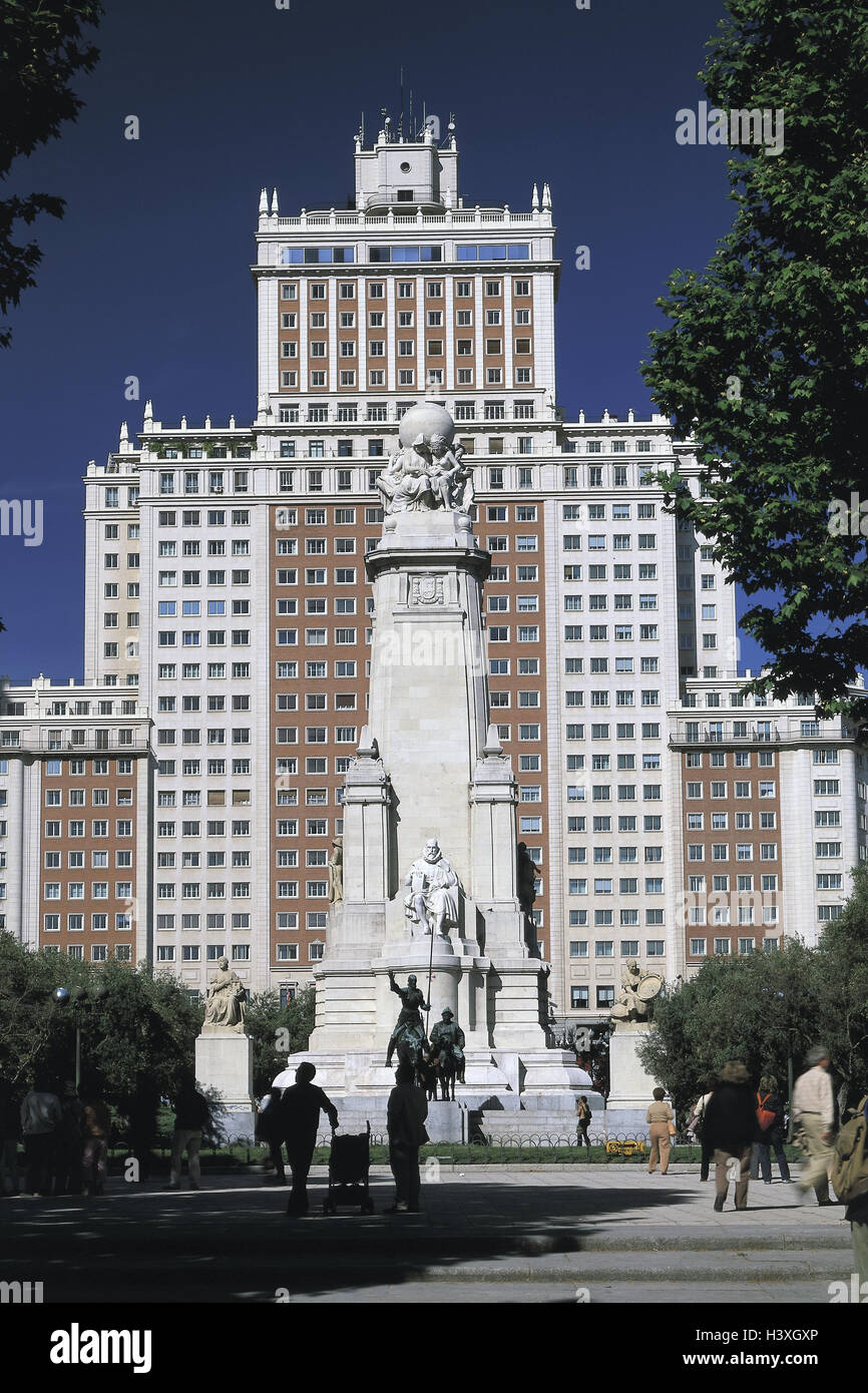 Spanien, Madrid, Plaza de Espana, Edificio España, Obelisk, Cervantes-Denkmal, Passant Hauptstadt, Stadtzentrum, Raum, Gebäude, Hochhaus, Edificio Espana, Hotel, Hotel Holiday Inn Crowne Plaza, Denkmal, Don Quixote und Sancho Pansa, Statue, Legende, Legen Stockfoto