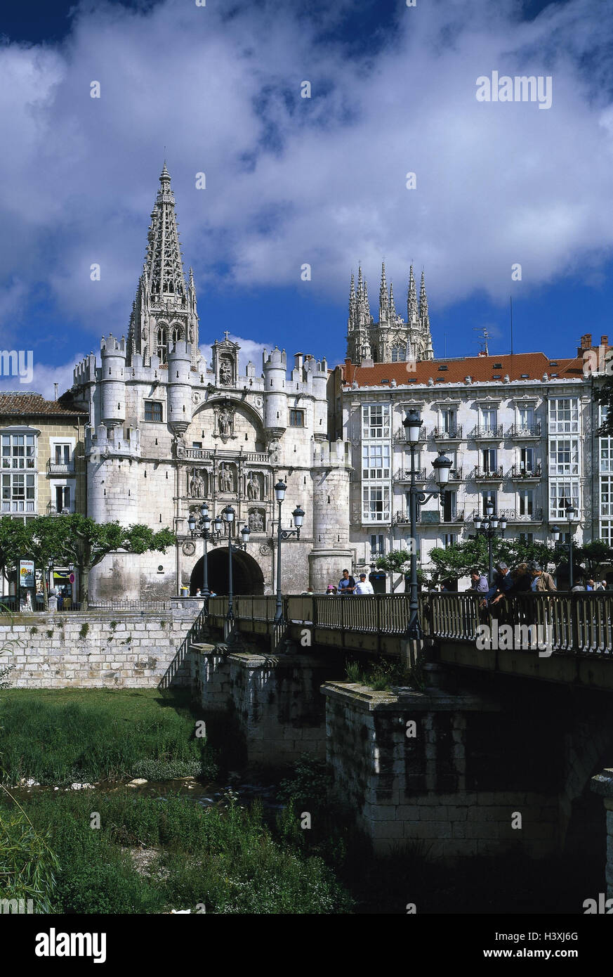 Spanien, Kastilien, Burgos, Stadt Ziel, Arco de Santa Maria, Dom, Detail, Türme Zentralspanien, Provinz Leon, Stadt, Blick auf die Stadt, Stadtmauer, Ziel, Ort von Interesse, Struktur, Catedral de Burgos, Türme, Gothic, Gotik, 13. -16. Jhdt., UNESCO-Welt-cu Stockfoto