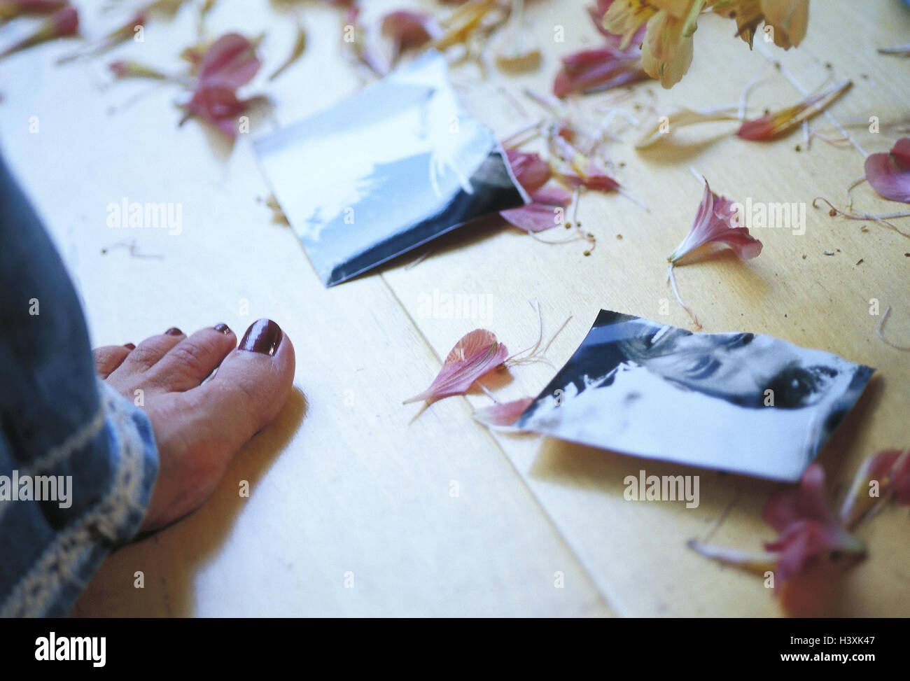 Boden, Frau, Detail, Fuß, Foto, Tore, Blüten, sehr eng, innen am Haus, barfuß, Blumen, Mannes Foto, Fotografie, Eifersucht, Liebeskummer, ist enttäuschend, Enttäuschung, traurig, traurig, wütend, Zorn, zornig, Wut, verlassen, tuning, Negati Stockfoto