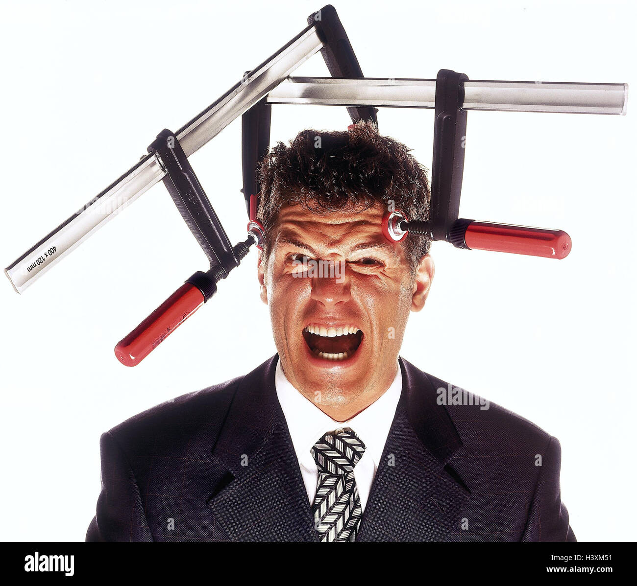 Symbol, Kopfschmerzen, Mann, Kopf, Laster, Mimik, Porträt, Konzepte, Unternehmer, Manager, Shout, Schmerzen, Cephalalgia, Migräne, Stress, zwang, Studio, Ausschneiden Stockfoto