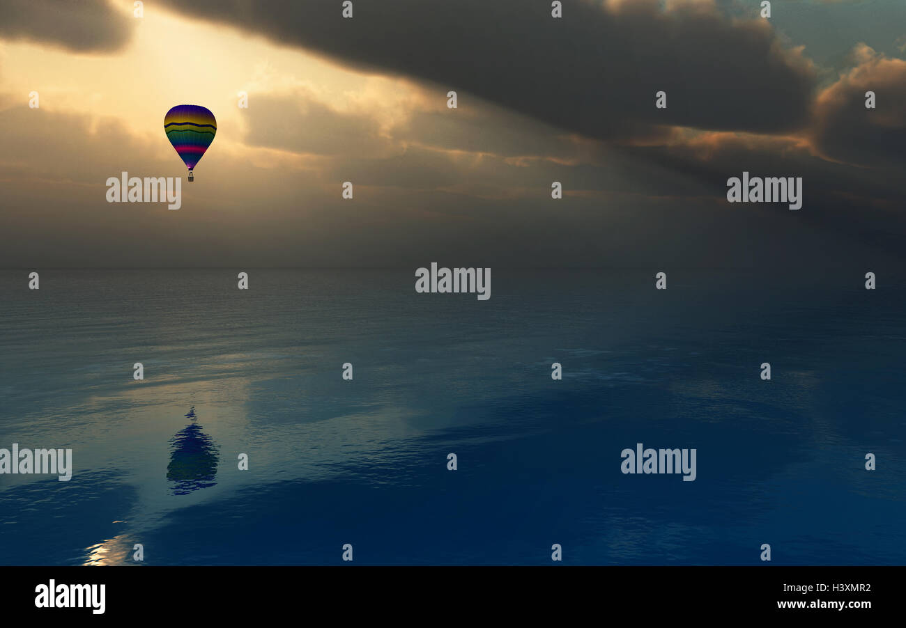 Heißluftballon über dem Meer. Stockfoto