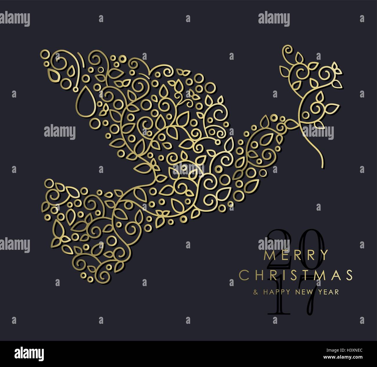 Frohe Weihnachten, Happy New Year 2017 Grußkarte Hintergrund. Lineare Taube Vogel mit Monogramm Dekoration, Ornamente und verlässt. Stock Vektor