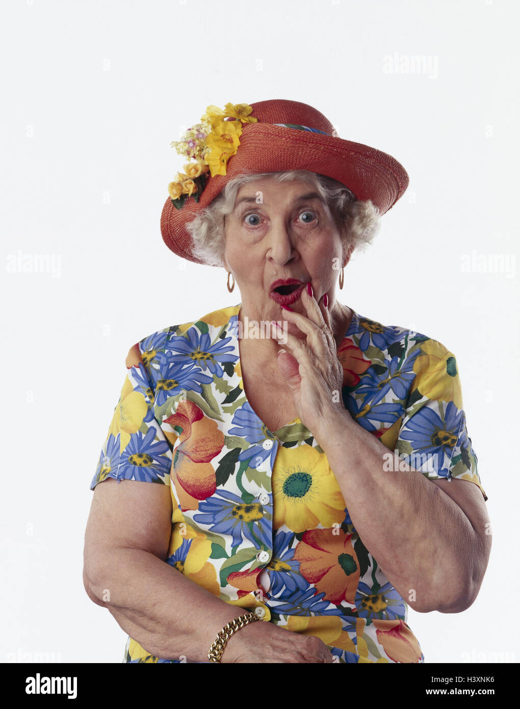 Senior, Pflege, Blumenkleid, Geste, Überraschungen, halbe Porträt, mb 126 A4 Stockfoto