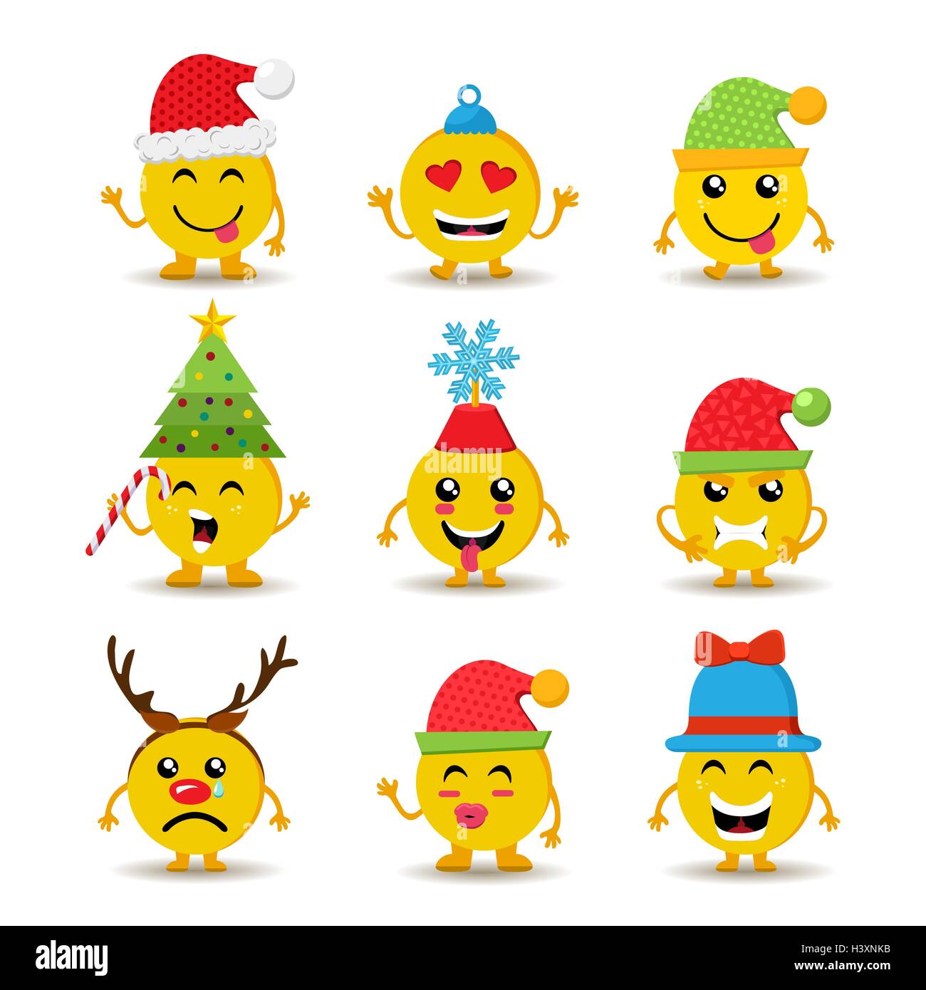 Satz von Urlaub-Smiley-Gesichter, Weihnachts-Emoji-Icons mit niedlichen saisonale Dekoration und unterschiedliche Reaktionen. EPS10 Vektor. Stock Vektor