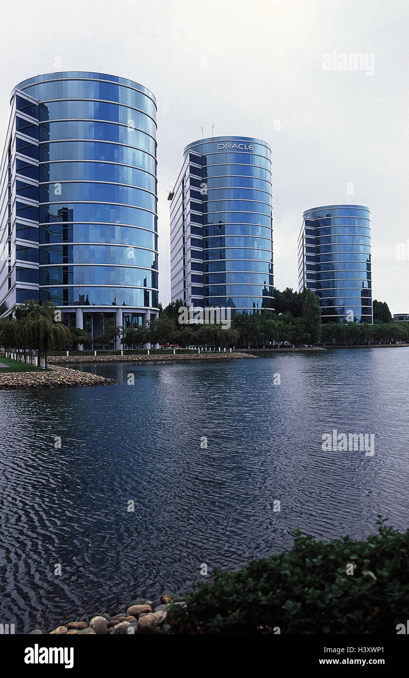 USA, California, Silicon Valley, Redwood Shores, Oracle, zentrale Gruppe, außerhalb, Gruppe, Wirtschaft, Gesellschaft, Architektur, Glasfront, modern, Becken Stockfoto