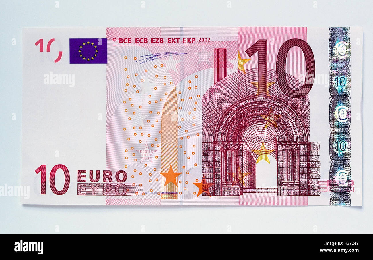 Euro, Geldschein, 10 Euro, Stillleben, Produktfotografie, Studio, Freisteller, Wirtschaft, Währungsunion, einheitliche Währung der EU, Europa, bedeutet Zahlung, Banknote Stockfoto