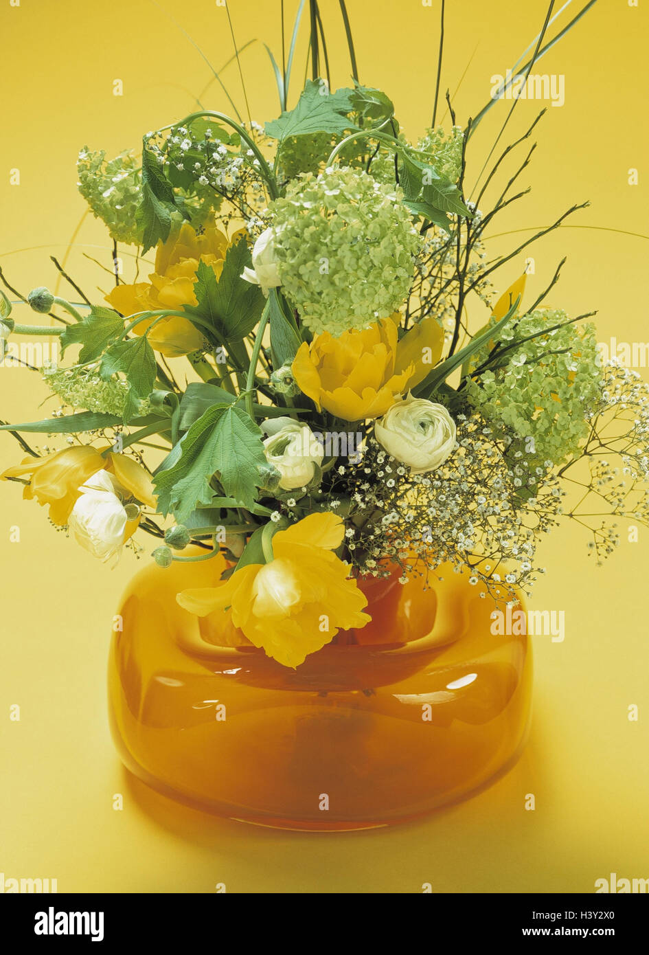 Vase, Blumenstrauß, Blumen Frühling Frühlingsstrauß, Blumen, Pflanzen, Dekoration, Deko, Schmuck, Tulpen, Schleier Kraut, Schnittblumen, gelb, grün, Stillleben Stockfotografie