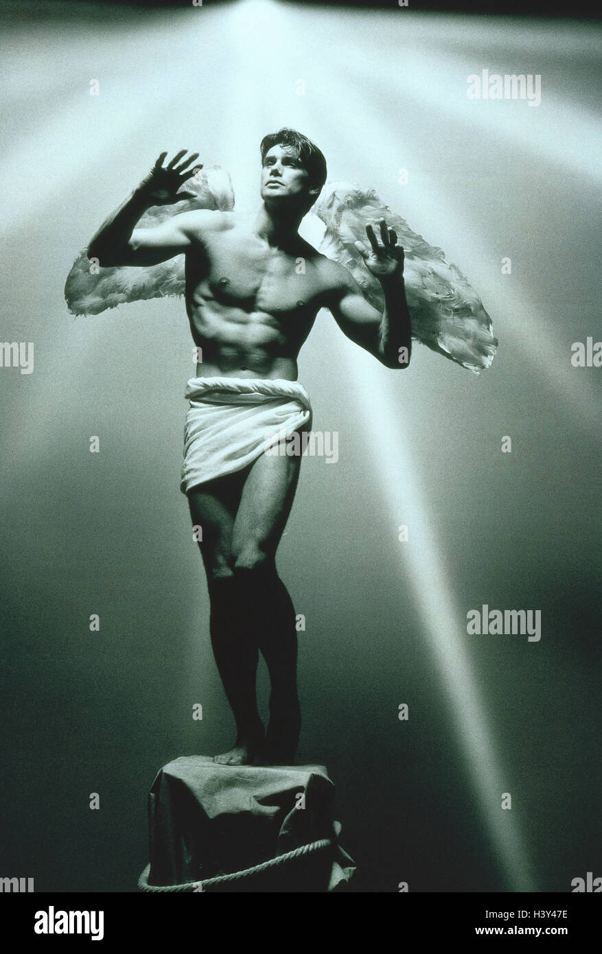 Mann, Engel, freien oberen Teil des Körpers, Geste, Sonne, Strahlen, s/w, Sepia, [M], Statue, Flügel, Steckdose, strahlen Licht Stockfoto