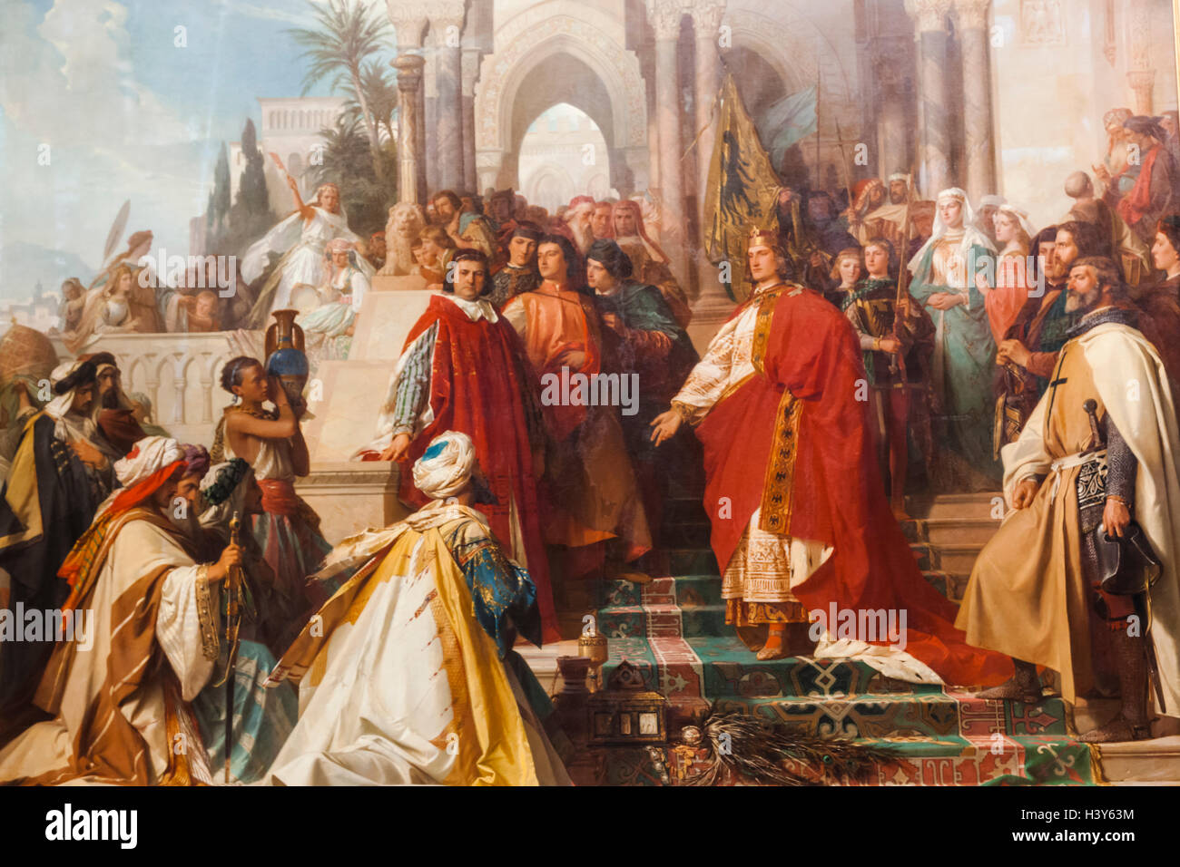 Bayern, München, neue Pinakothek Museo (Neue Pinakothek), Gemälde mit dem Titel "The Court of Emperor Frederick II in Palermo" Stockfoto