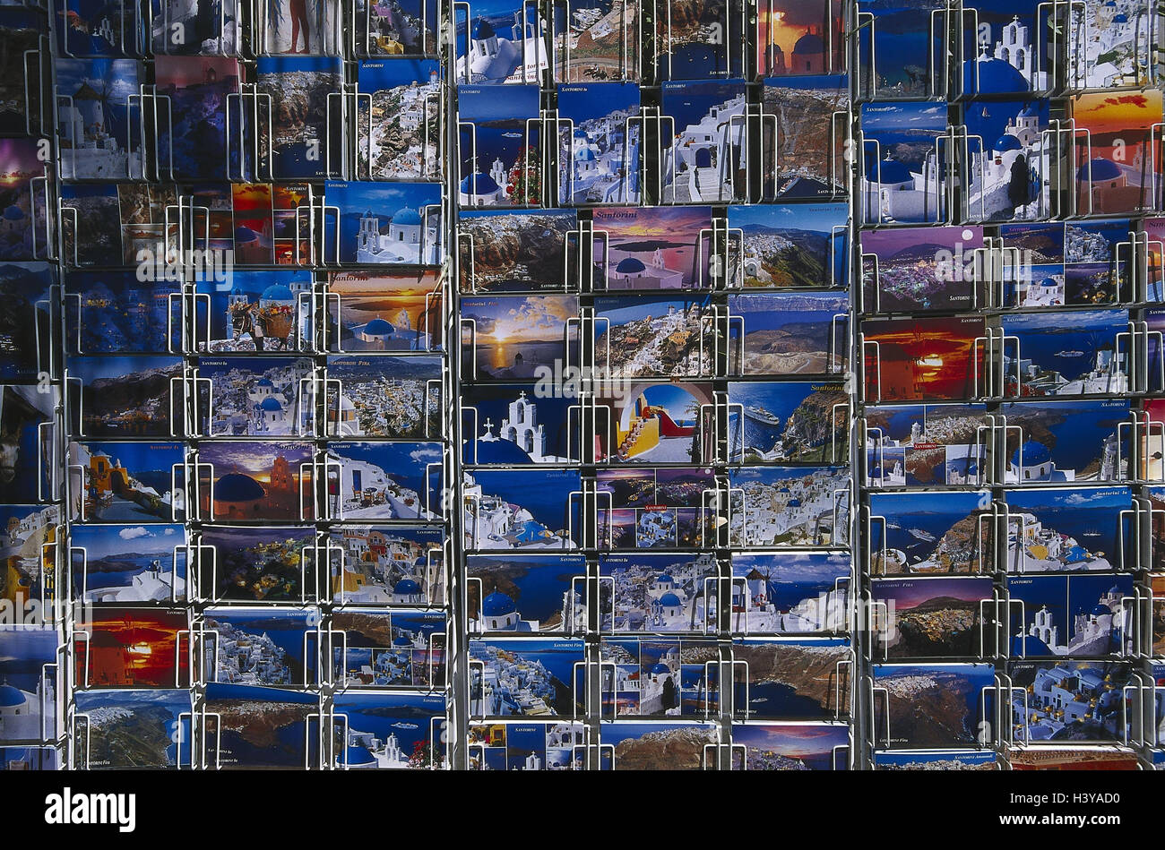Griechenland, Santorin, Ganzsache Rack, Detail, noch Leben, Produktfotografie, Postkarten, Postkarten, Karten, Stände, Nahaufnahme Stockfoto