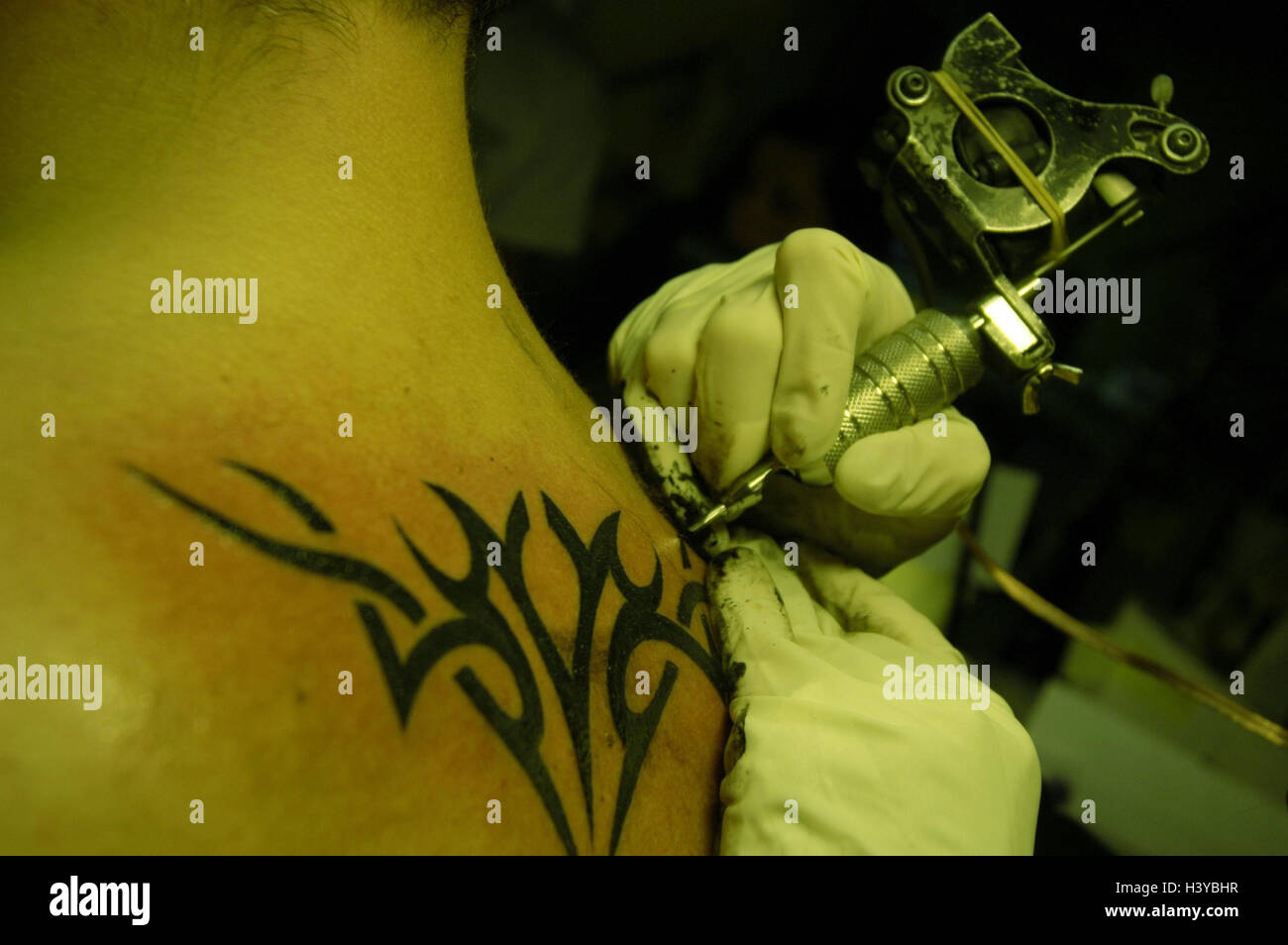 Studio, Tätowierer, Person, Rücken, Sting Tattoo-Studio, Tattoo-Artistin, Detail, Hände, Latex-Handschuhe, Schutzhandschuhe, Einweg-Handschuhe, tattoo-Maschine, Maschine, Tattoo, Tattoo, Tattoos, Tattoo, Farbe, Körperschmuck, Haut Art, Tribal, Blackwork, Mo Stockfoto