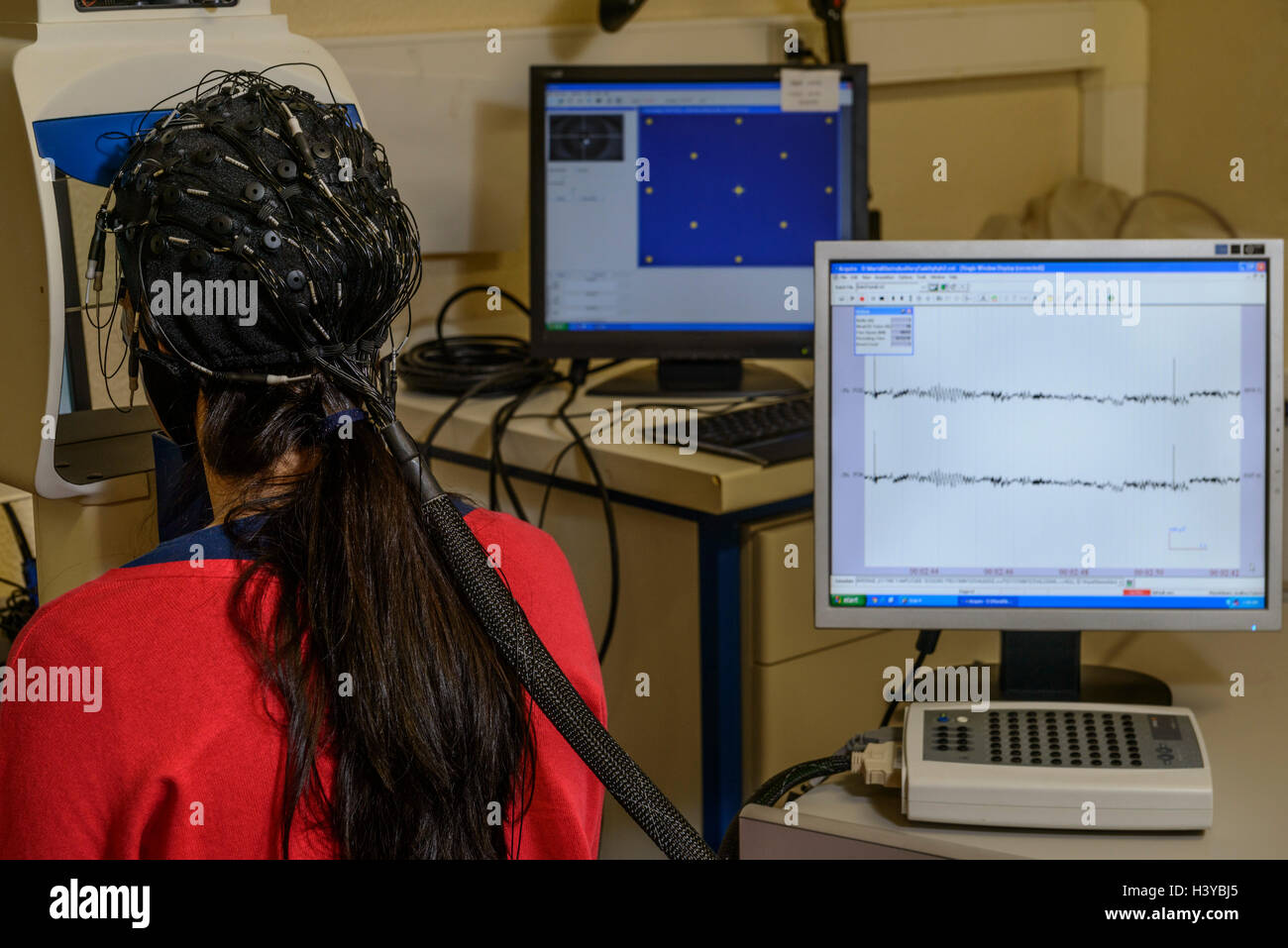 Person unterziehen ein Elektroenzephalogramm mit einem EEG Kappe, ihr Gehirn elektrische Aktivität zu scannen Stockfoto