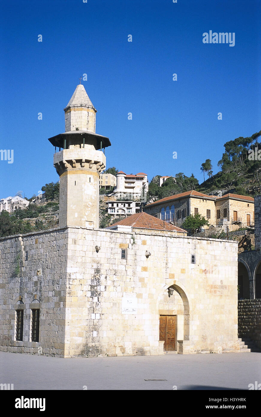 Libanon, Deir al-Qamar, Fakhr Ed Dinar, Moschee, 16 Jhdt., im Nahen Osten, vorderen Osten, Nahost, Stadt, Bausubstanz, Minarett, Architektur, architektonischen Stil, einfach, glauben, Religion, Ort von Interesse Stockfoto