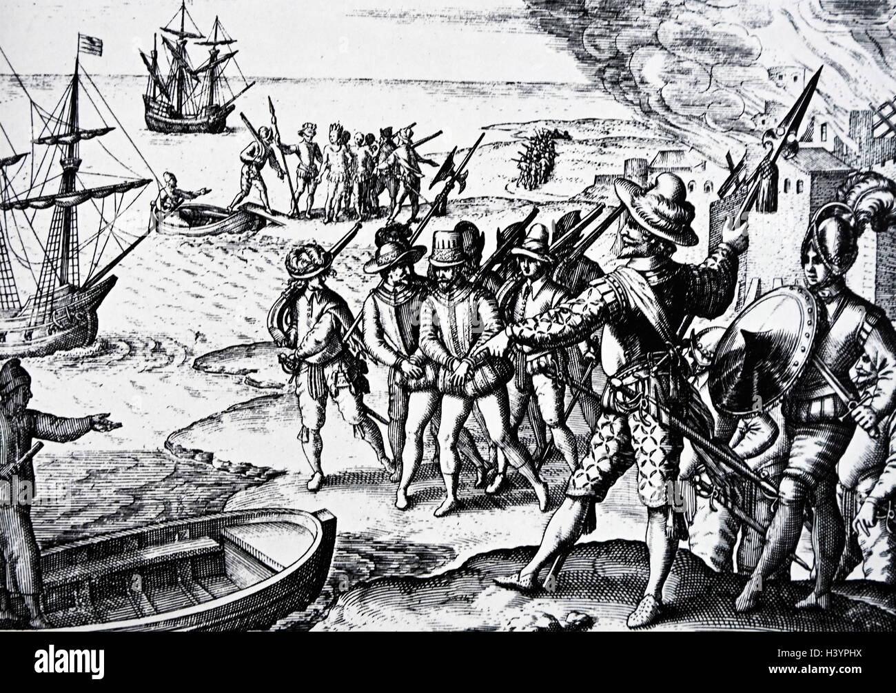 Gravur, Sir Walter Raleigh die Eroberung der Stadt St. Joseph auf der Insel Trinidad. Walter Raleigh, ein englischer Gentleman, Schriftsteller, Dichter, Soldat, Politiker, Höfling, Spion und Explorer gelandet. Vom 16. Jahrhundert Stockfoto
