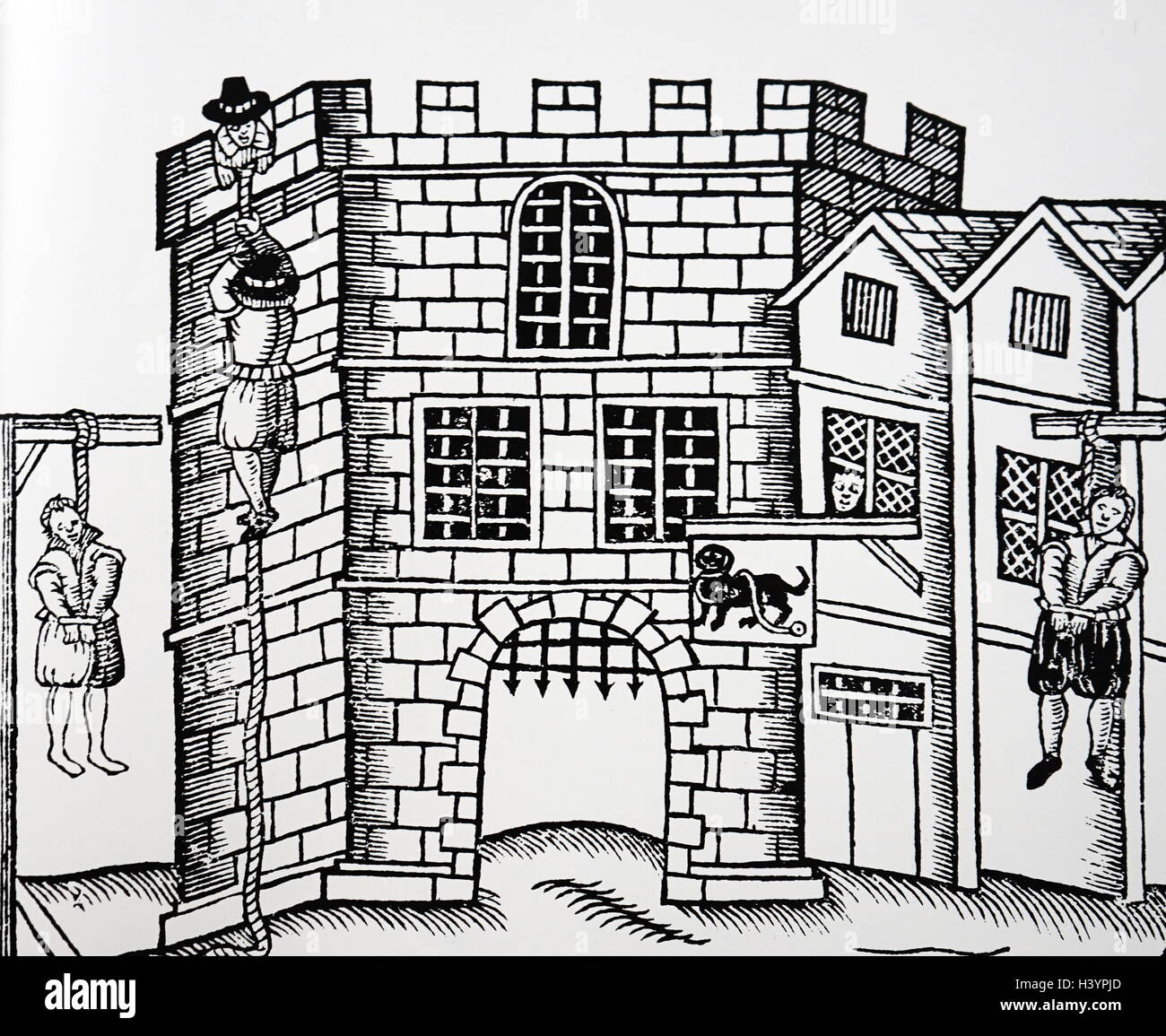 Stich zeigt Vagabunden, denen durch hängende sowie eine Escapee zum Tode verurteilt worden waren. Vom 15. Jahrhundert Stockfoto