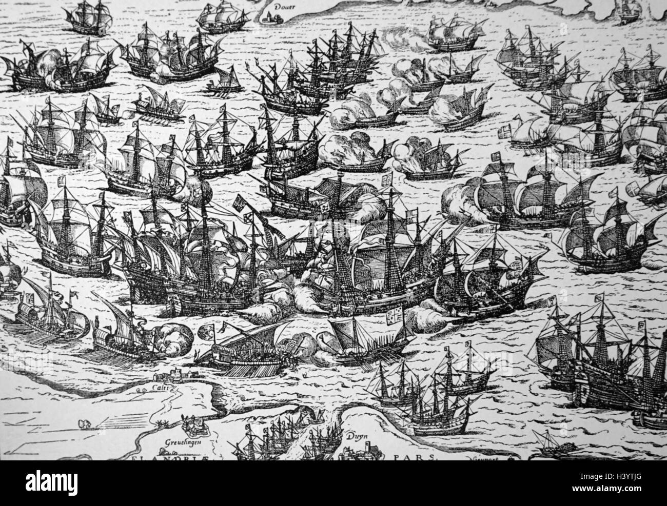 Gravur mit dem Titel "Die unbesiegbare Armada" von Franz Hogenberg (1535-1590) eine Flämische und deutscher Maler, Kupferstecher und Kartenhersteller. Vom 16. Jahrhundert Stockfoto