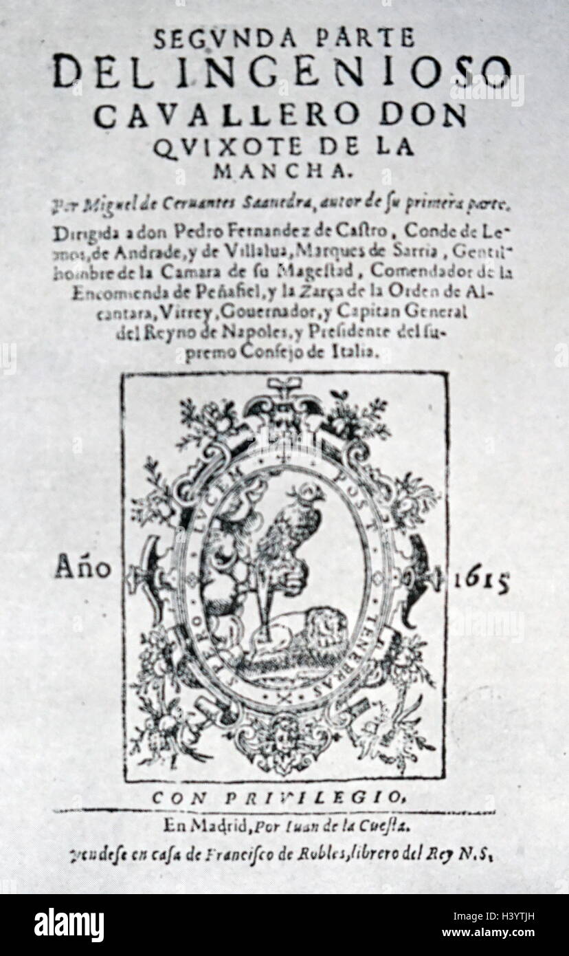 Abdeckung des Princeps Edition des zweiten Bandes von Don Quijote von Miguel de Cervantes (1547-1616) ein spanischer Schriftsteller. Vom 16. Jahrhundert Stockfoto