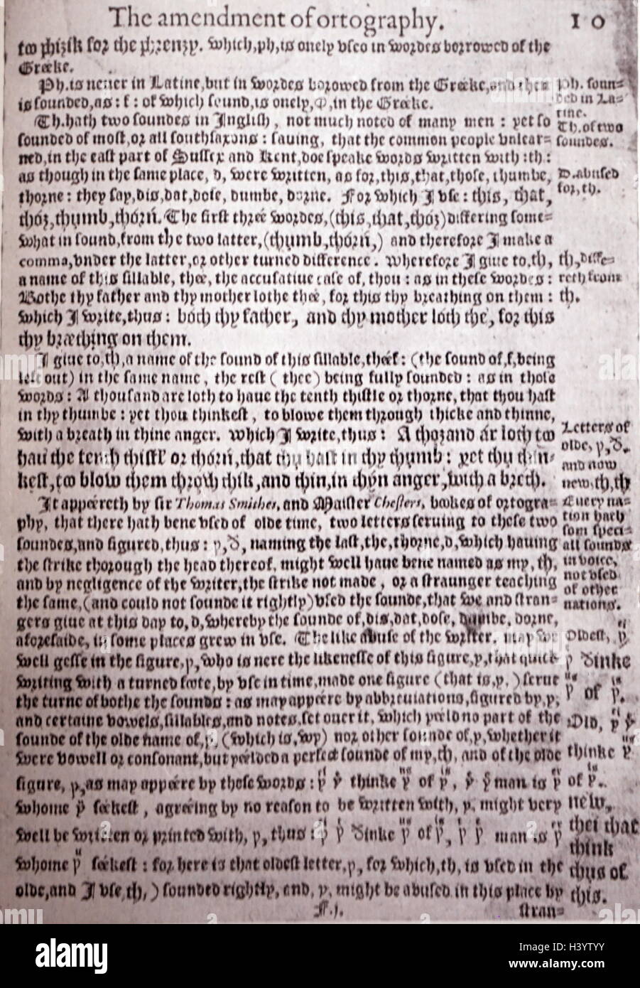Die Änderung des Ortography von William Bullokar, einen Drucker, die das 40-Brief phonetische Alphabet entwickelt. Datiert aus dem 16. Jahrhundert Stockfoto