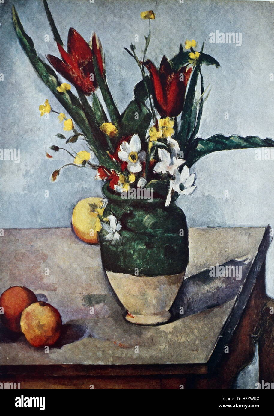 Gemälde mit dem Titel 'Tulpen mit Äpfeln" von Paul Cézanne (1839-1906), ein französischer Künstler und post-impressionistischen Maler. Vom 19. Jahrhundert Stockfoto
