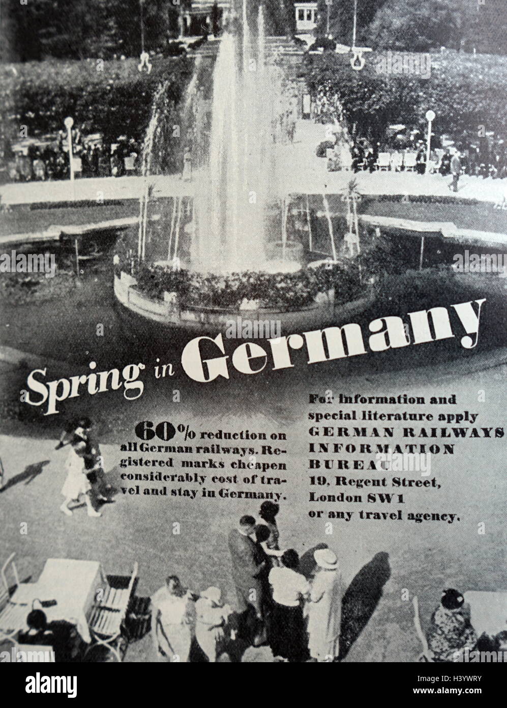 Anzeige für vergünstigte Bahnreisen in Deutschland. Vom 20. Jahrhundert Stockfoto