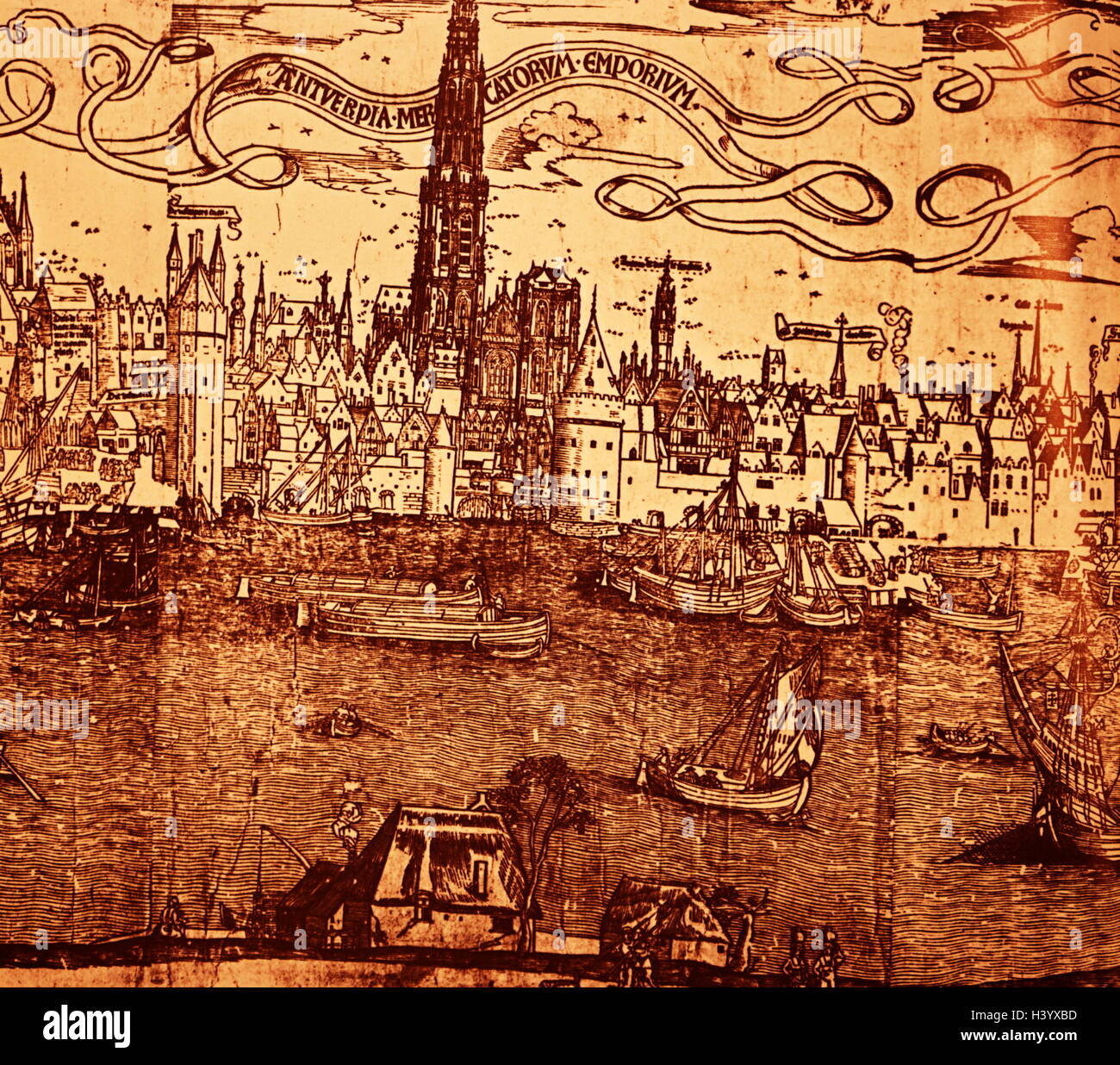 Holzschnitt drucken Darstellung Antwerpen im 16. Jahrhundert Stockfoto