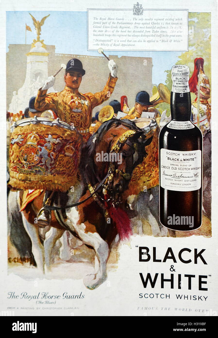 Anzeige für Black &amp; White Scotch Whisky. Vom 20. Jahrhundert Stockfoto