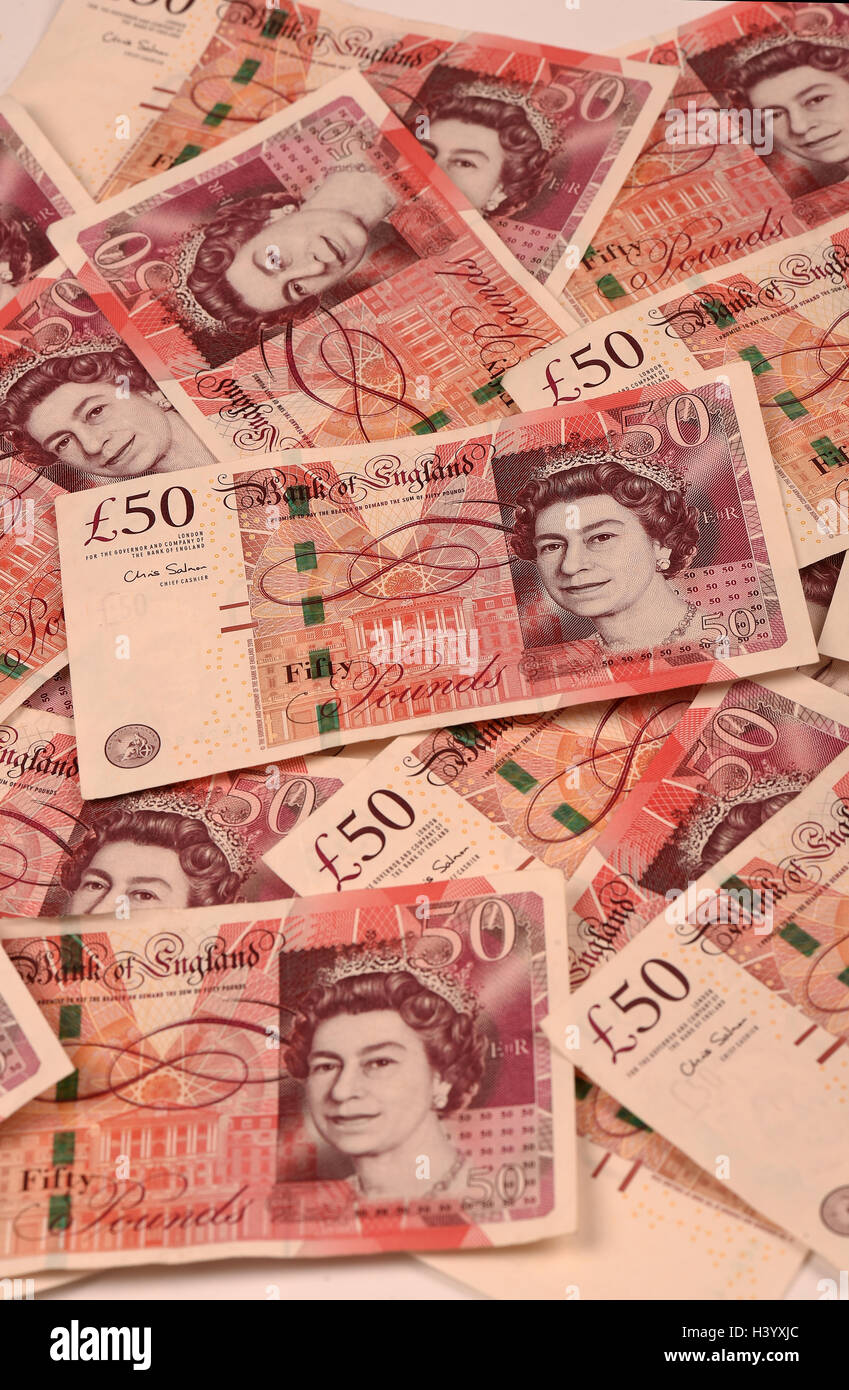 Geld, fünfzig Pfund Notizen, Banknoten, Banknote, Geld, Währung, Sterling, "Britische Geld" "britische Banknoten" Stockfoto
