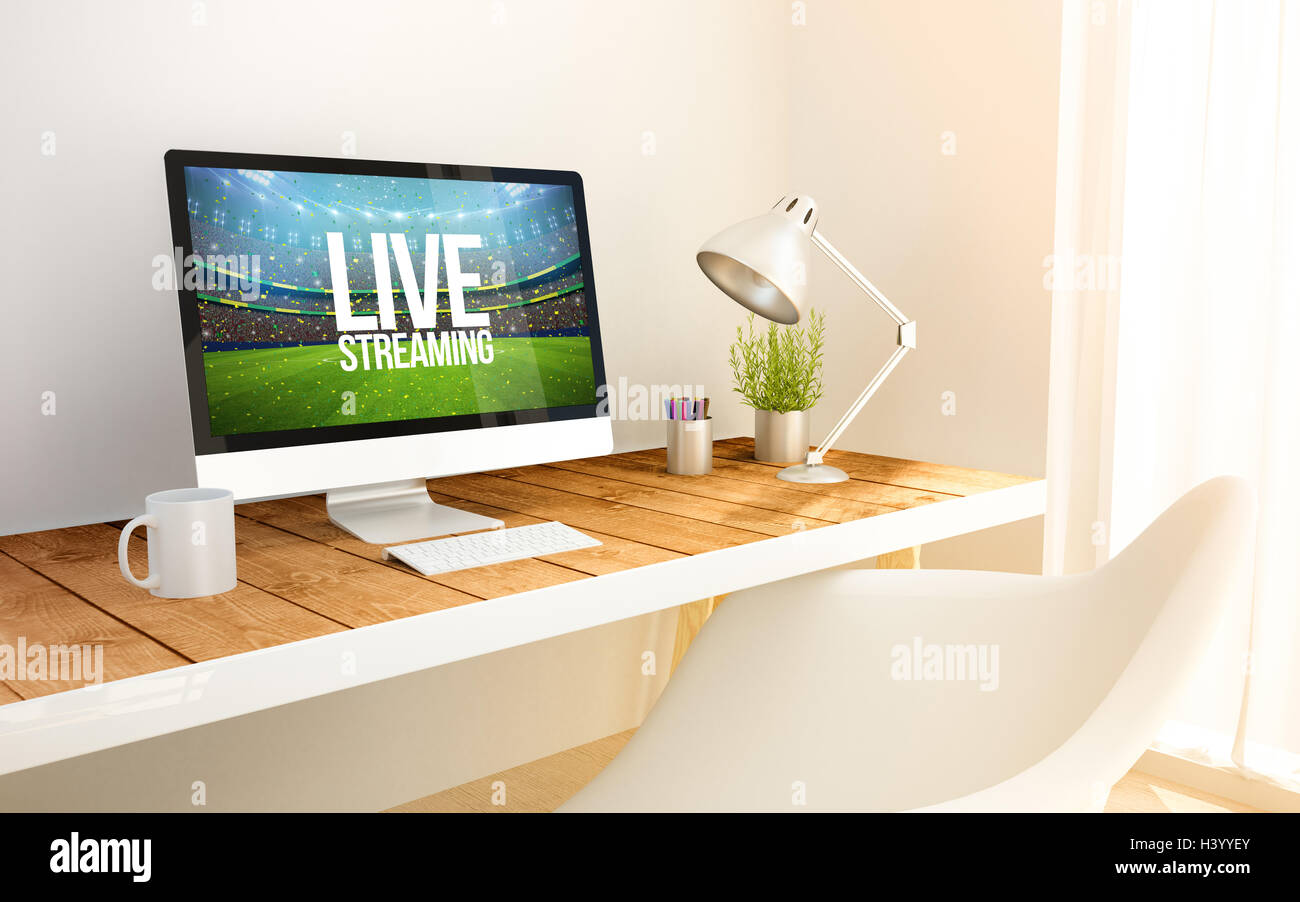 3D Rendering minimalistischen Arbeitsbereich mit live-Streaming-Sport-Event am Bildschirm Computer und Exemplar.  alle Bildschirm-Grafiken sind ma Stockfoto