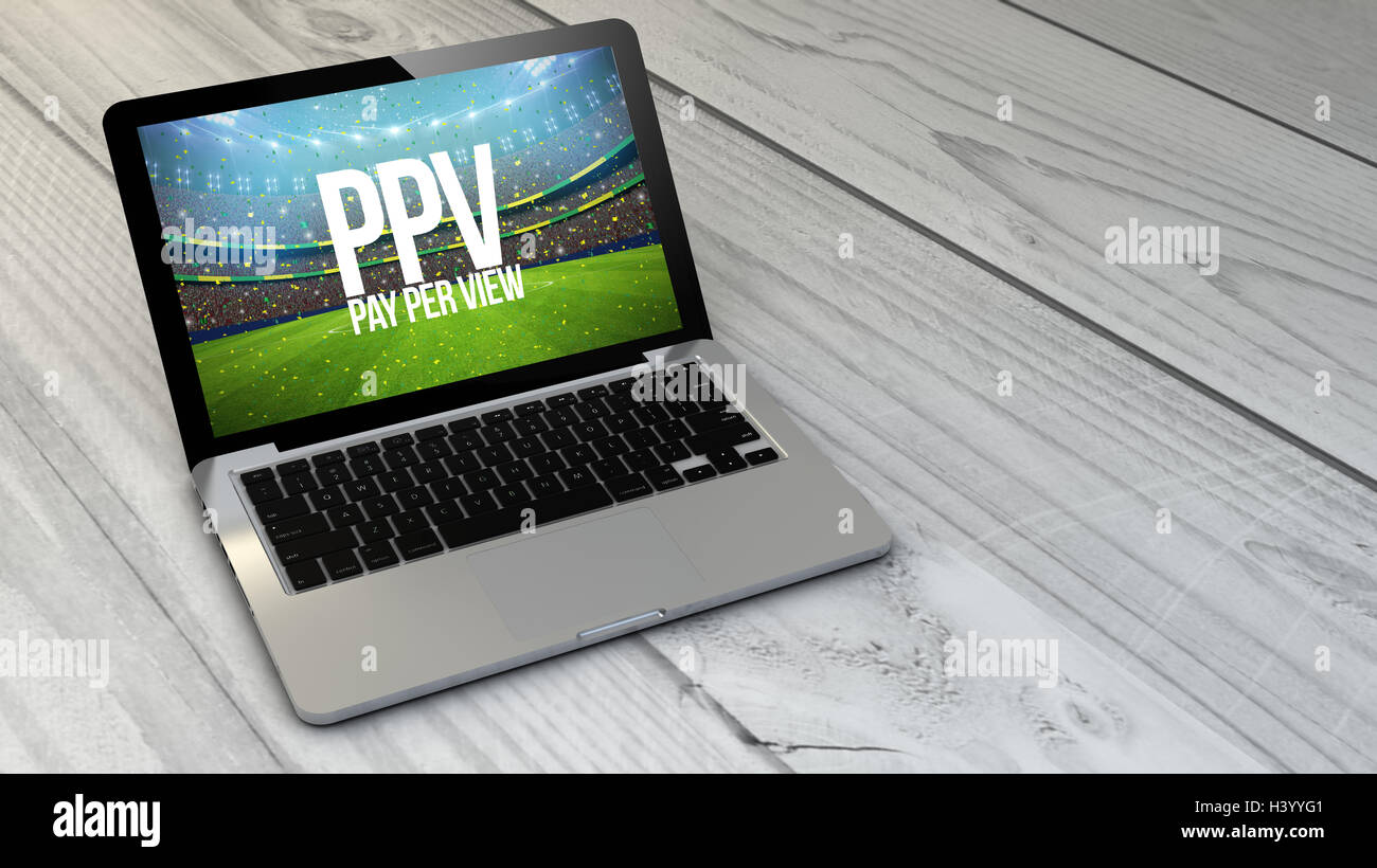 3D Rendering Pay-per-View Computer über Holztisch. Die Bildschirmgrafik bestehen. Stockfoto