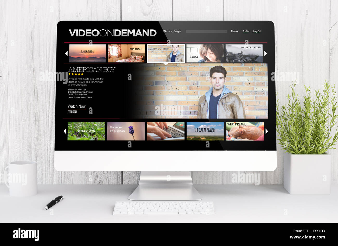 3D Rendering-Video on Demand auf Computer. Alle Bildschirm-Grafiken bestehen. Stockfoto