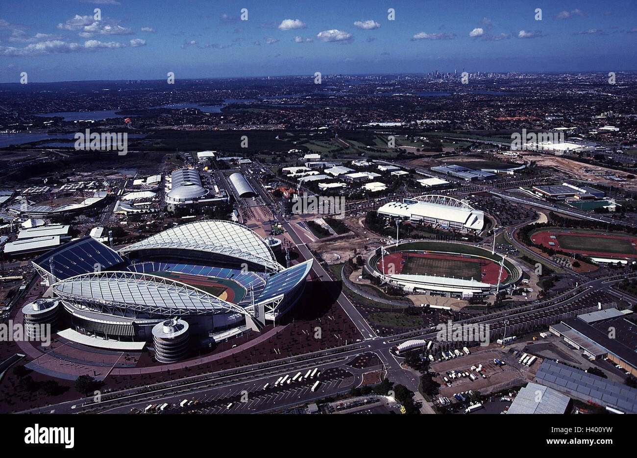 Australien, Sydney Olympic komplexe, Luftbild Aufnahmen, Homebush Bay Gegend, Olympia, Olympiastadion, Stadtübersicht, Übersicht Stockfoto