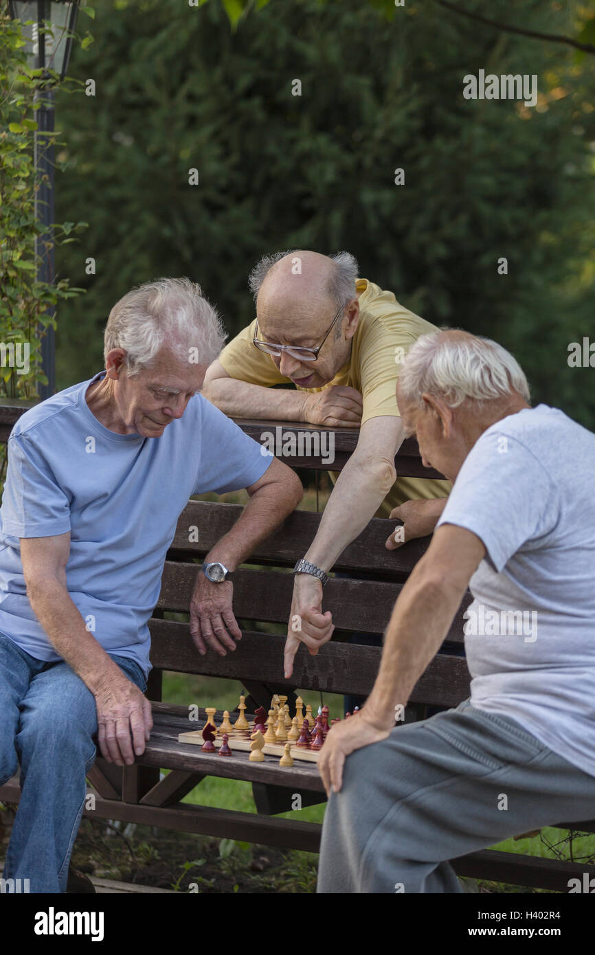 Senior woman Führung Freunde in Schach zu spielen, im park Stockfoto