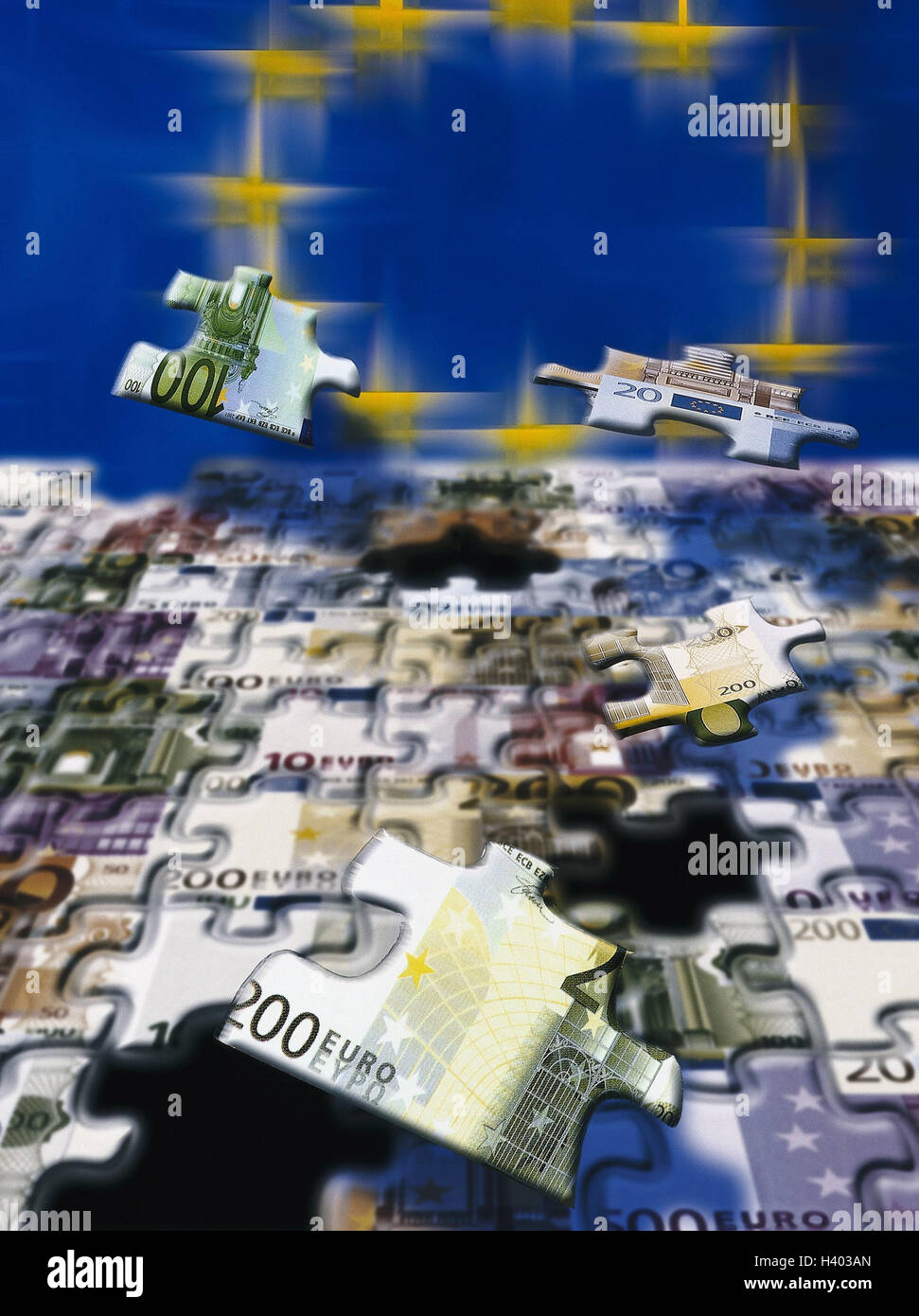 Icon, Europäische Währungsunion, Jigsaw Puzzle, Banknoten, Euro, EU-Sternen, komponieren, EWWU, WWU, der EU, der Europäischen Union, Währung, Einheitswährung, Währungssystem, beitreten Stockfoto
