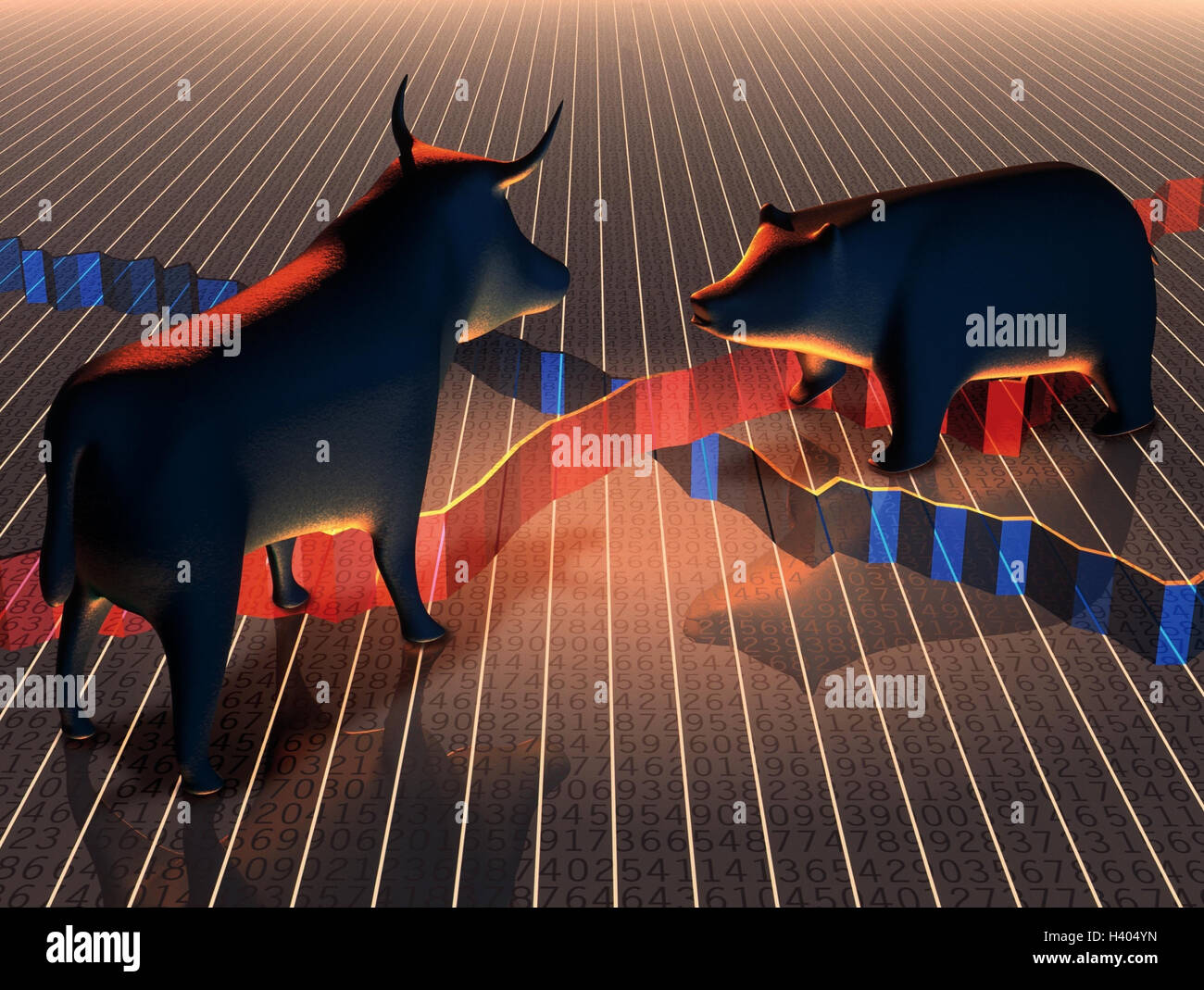 Computergrafik, balance Biegungen, Stier, Bär, Börse, Finanzen, Börse Bulle, Stier, Börse Bull, Börse Bär, Gewinn, Rendite, Marktpreis, Raster Stockfoto